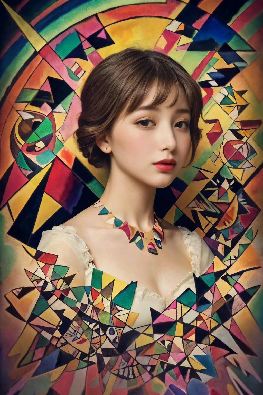 ((masterpiece:1.4, Highest quality)), (Realistic photos:1.4), (artwork),
((1 girl)), (Otherworldly beauty), (dream-like),
(超High resolution:1.2), Very delicate and beautiful, wonderful, Very detailedな CG Unity 8k 壁紙, Very detailed, High resolution,
Soft Light, Beautiful detailed girl, Very detailedな目と顔, Beautiful and exquisite nose, Beautiful and exquisite,
(Dressed in early 20th century Western European clothing:1.3),
Cinema Lighting, Perfect Anatomy, Slender body, (Parted bangs),
(Portrait of a Girl:1.5), (Kandinsky-style abstract background:1.5),
Cowboy Shot