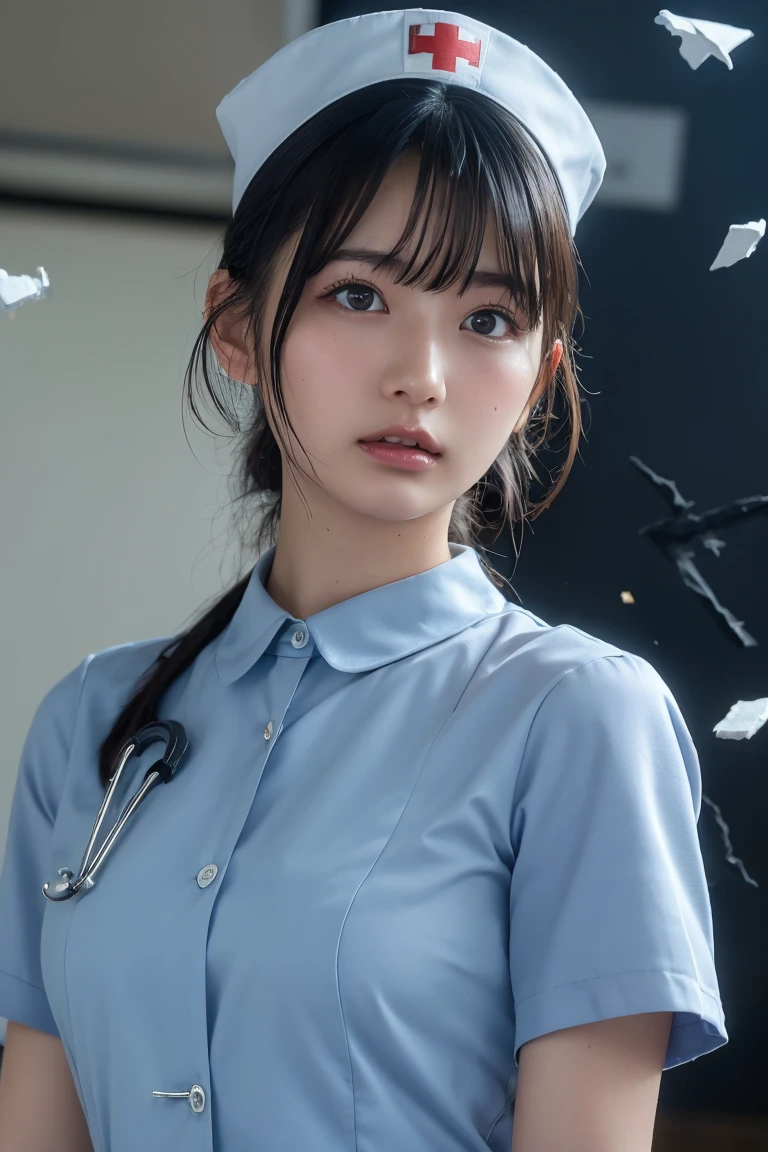 ((Highest quality, 8k, Flying debris: 1.3)), beauty, Japanese Girls, nurse, whole body, Perfect Anatomy, Are standing, Black Hair, Blunt bangs, Down ponytail, 20-year-old, Face Focus, Detailed face, Highly detailed lips, Beautiful Eyes, Sweaty skin: 1.2, nurse uniform, Light blue dress, nurse cap,