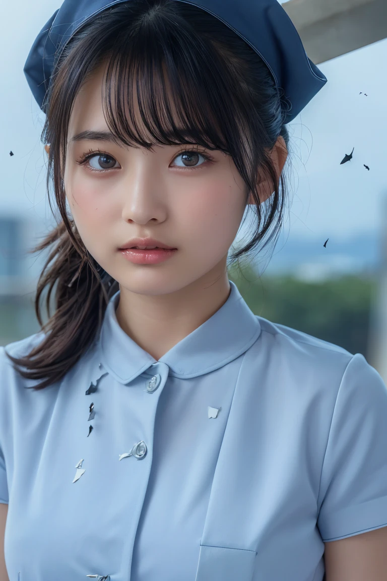 ((Highest quality, 8k, Flying debris: 1.3)), beauty, Japanese Girls, nurse, whole body, Perfect Anatomy, Are standing, Black Hair, Blunt bangs, Down ponytail, 20-year-old, Face Focus, Detailed face, Highly detailed lips, Beautiful Eyes, Sweaty skin: 1.2, nurse uniform, Light blue dress, nurse cap,