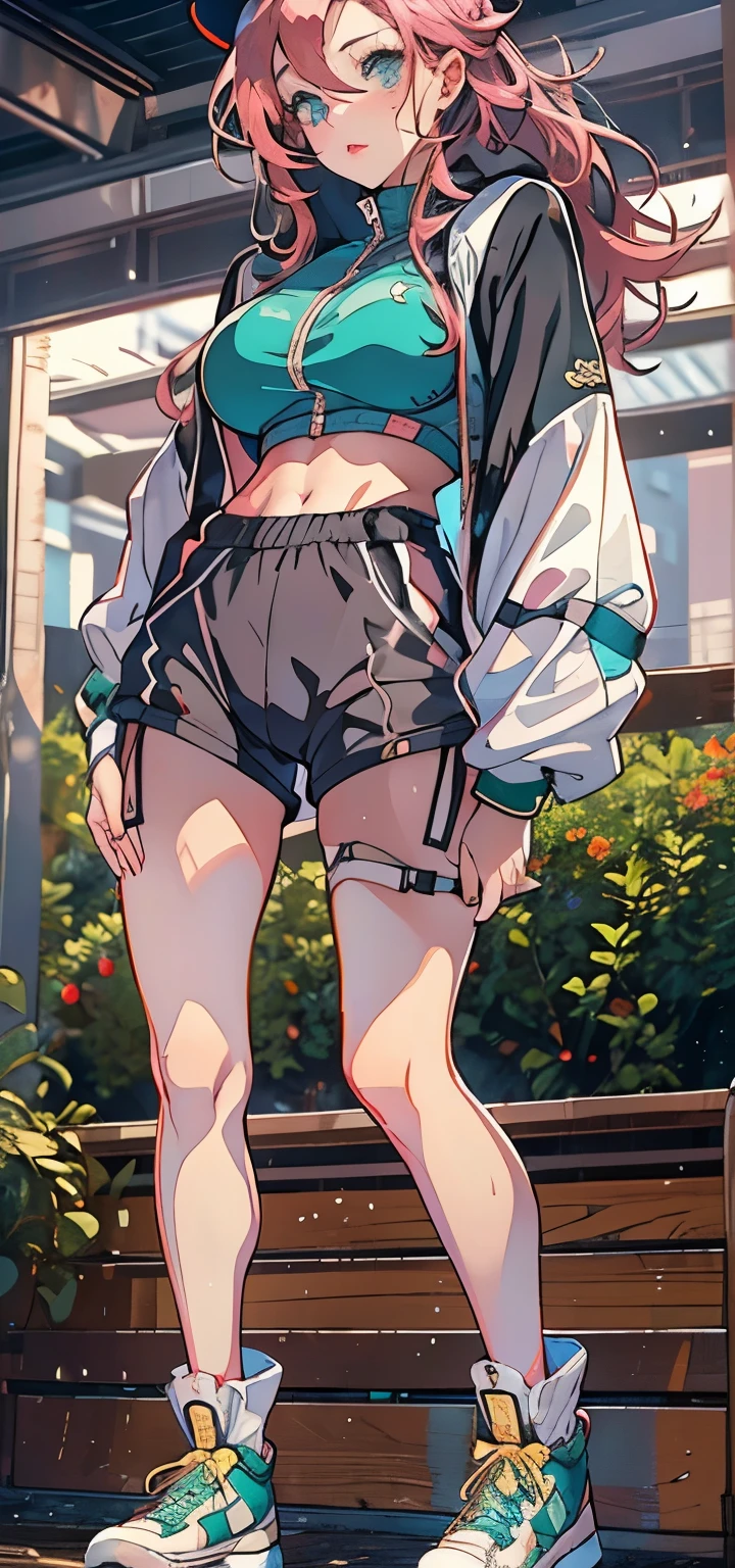 1female，35yo，Milf，gigantic cleavage breasts，Big breasts Thin waist，slenderlegs，Pornographic exposure， solo，（Background with：ln the forest，the rainforest，In summer） She has long pink hair，standing on your feet，Sweat profusely，drenched all over the body，seen from the front， hair straight， mostly cloudy sky，（（（tmasterpiece），（Very detailed CG unity 8K wallpaper），best qualtiy，cinmatic lighting，detailed back ground，beatiful detailed eyes，Bright pupils，blue color eyes，Redlip（Very fine and beautiful），（Beautiful and detailed eye description），ultra - detailed，tmasterpiece，）），facing at camera，（Full body photo），Show shoes，A high resolution，ultra - detailed），revealing breasts，Bare genitals， Lower body elevation，Raised sexy，Camel toes，Flushed complexion，Open-mouthed，frontage，baseball cap（Wearing：green colored bomber jacket，Sex shorts，Athletic Sneakers），full bodyesbian，Show shoes