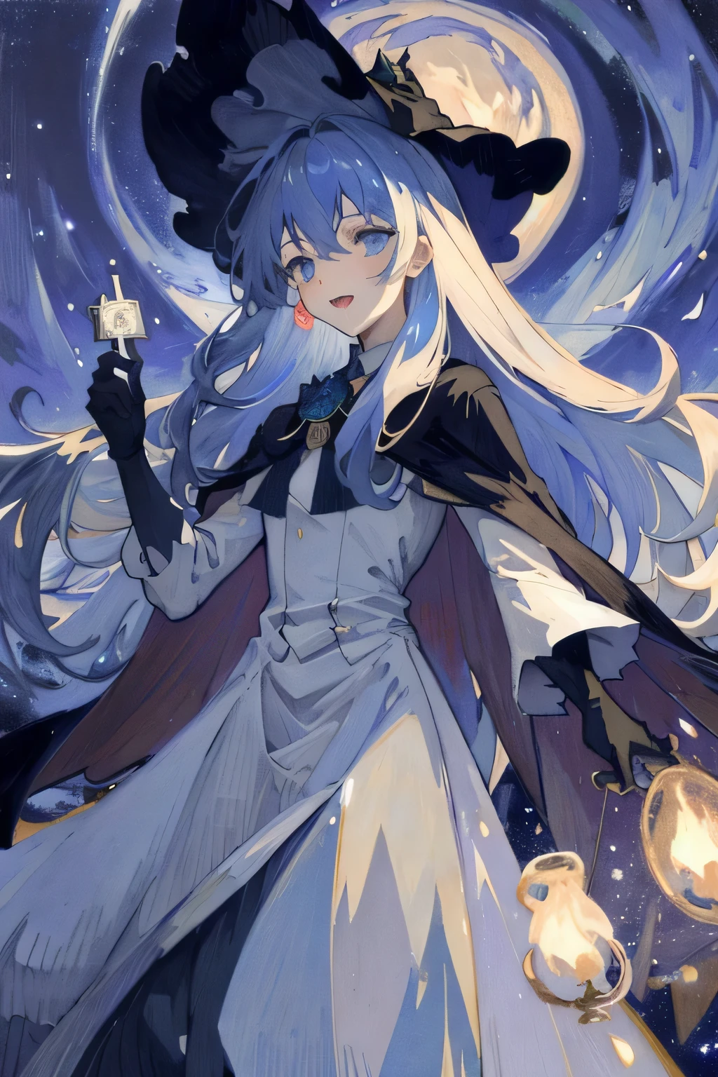 ((masterpiece:1.2, best quality)), 1girl, solo, (witch hat), blue sky hair, long hair, dress, aurora, night, star (sky), gloves, sky, white dress, night sky, open mouth, starry sky, blue eyes, ribbon, very long hair, red dress, smile, hair ribbon, cape, blue hair, (bird), magic, casting spell, dark clouds, night, (impressionism:1.4), (tarot:1.3), alphonse mucha,