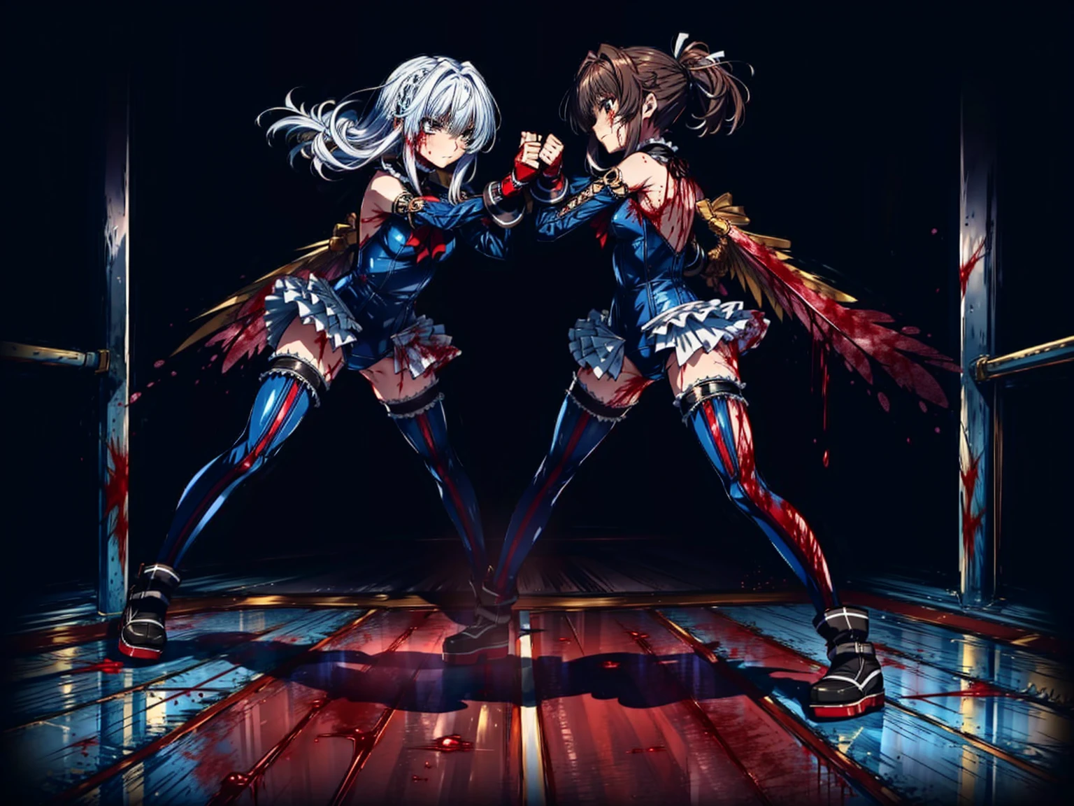 Masterpiece, Very detailed, Highest quality, Sharp focus, 12k, ultra hi resolution picture, big ,12k,Perfect Anatomy, Highest quality,,(Emotionless:1.4)
,Anime Style,(frilled swimsuit,thighhighs,detached sleeves), (Anime Style:1.6) ,
,(White fingers:1.4,Black gloves:1.2),
(Bloody Fighting Arena:1.5),,(full body:1.3),(1 :1.4),(Blood-stained interior)