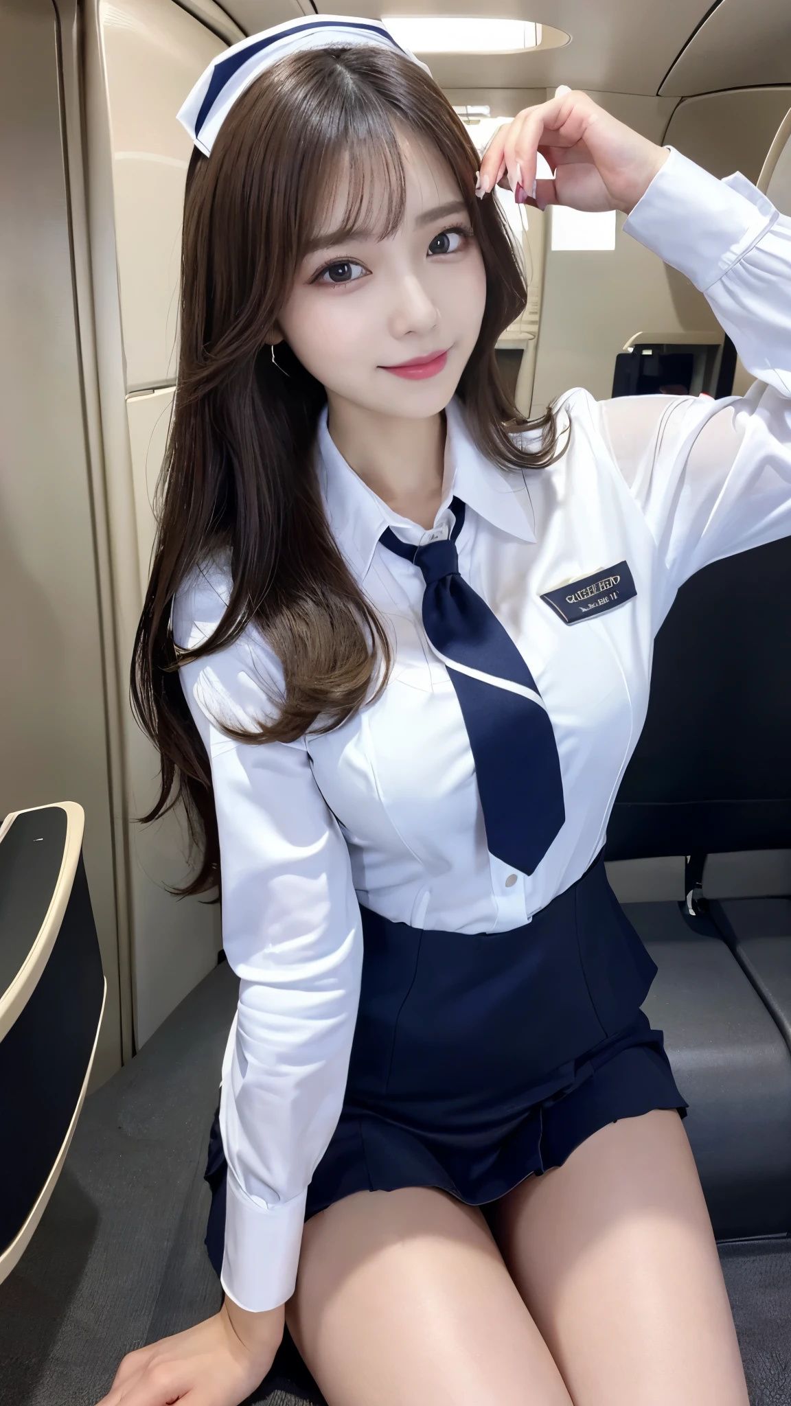 (Detailed skin:1.2),(Shiny skin:1.1),8k,Highest quality, masterpiece, Ultra-high resolution,(Realistic:1.4), RAW Photos,(Soft saturation:1),(Fair skin:1.2),(Succubus:1.2),Half-Japanese beauty,23 years old, (Light brown hair),(Long Hair:1.3)), (Pretty face:1.4), (Large Breasts, Tight waist,Big firm hips:1.2), ((Beautiful lighting:1.3)), ((Flight attendant uniform:1.2)),(Highly detailed face, Highly detailed lips, fine grain, double eyelid,Highly detailed and evenly balanced eyes), (Sharp focus:1.2), ((Full Body Shot)),(Perfect Anatomy:1.3),(Beautiful woman with perfect figure: 1.2)、((Random sexy poses:1.2))、Sharp Eyes,smile,(Inside the jet)
