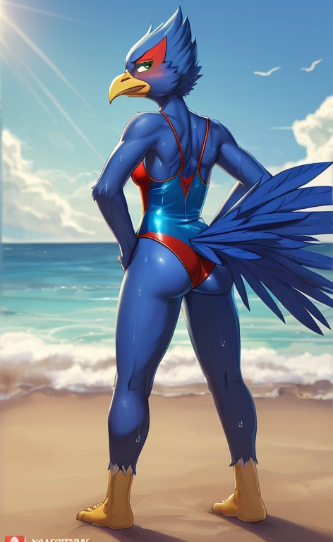 [Falco Lombardi], [Uploaded to e621.Net; (Pixel Sketcher), (WhamDraw), (fluff kevlar)], [Upload destination .and; (@art)], ((masterpiece)), ((High resolution)), ((high quality)), ((Solo Portrait)), ((whole body)), ((I can see your feet)), ((Furry; Humanity bird)), ((Detailed plumage)), ((Detailed shading)), ((Beautifully rendered art)), {Humanity; (Slim athletic build), Blue feathers, Yellow beak, (Orange claw feet), (Long blue tail feathers), (Long blue tail), (Cute green eyes), (Medium sized breasts),  (Beautiful feet), (Beautiful legs), (sweating), (blush), (anger), (Annoyed expression)}, {(One piece swimsuit), (Sideboob)}, {(Are standing), (Hands on hips), (View your viewers)}, [background; (Beach), (Shining Sea), (blue sky), (Light of the sun), (Ambient Lighting)]