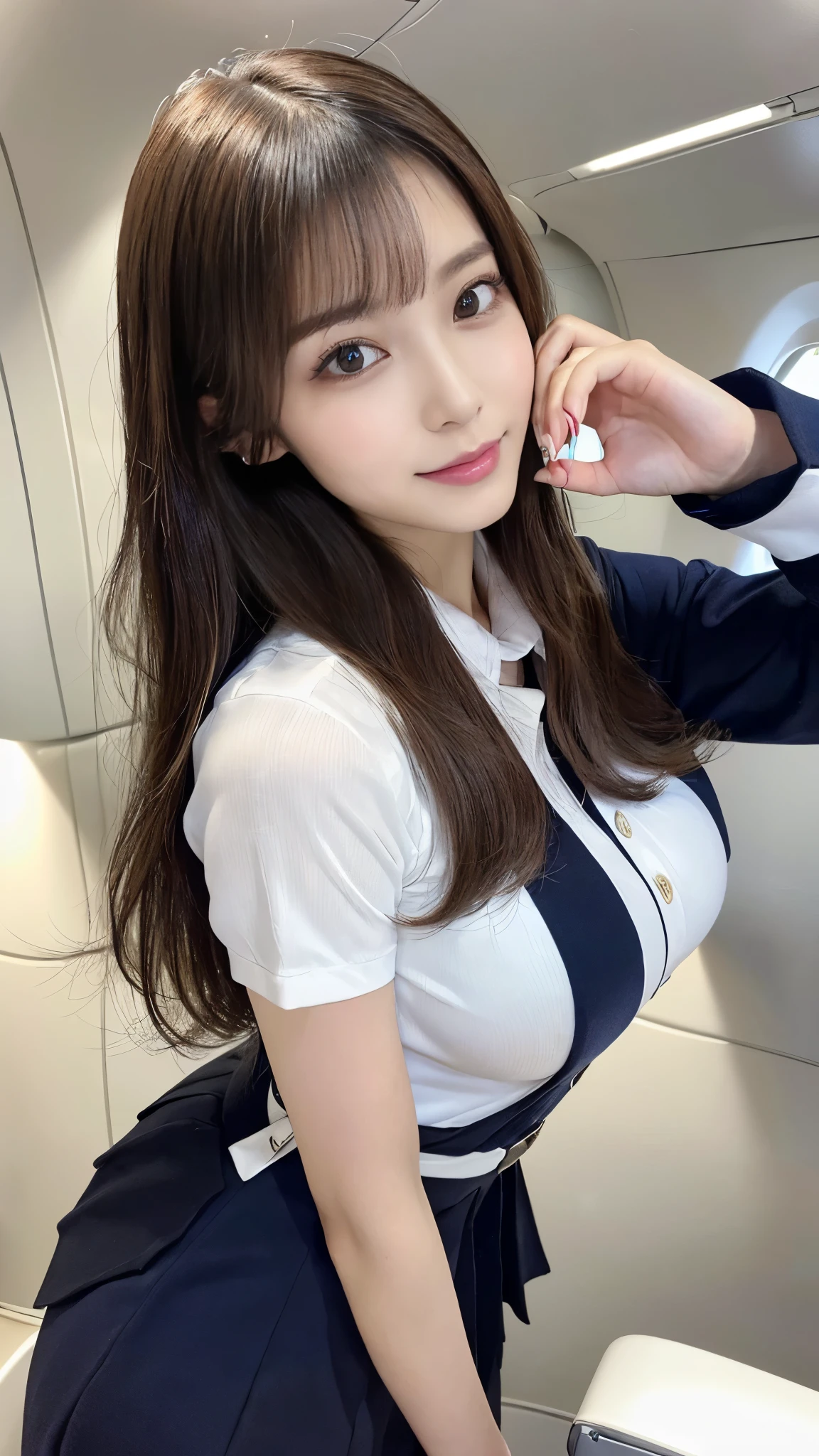 (Detailed skin:1.2),(Shiny skin:1.1),8k,Highest quality, masterpiece, Ultra-high resolution,(Realistic:1.4), RAW Photos,(Soft saturation:1),(Fair skin:1.2),(Succubus:1.2),Half-Japanese beauty,23 years old, （Light brown hair）,（Long Hair:1.３)),  (Pretty face:1.4), (Large Breasts, Tight waist,Big firm hips:1.2), ((Beautiful lighting:1.3)), ((Flight attendant uniform:1.2)),(Highly detailed face, Highly detailed lips, fine grain, double eyelid,Highly detailed and evenly balanced eyes), （Sharp focus:1.2）, ((Full Body Shot)),（Perfect Anatomy:1.3),(Beautiful woman with perfect figure: 1.2）、((Random sexy poses:1.2))、Sharp Eyes,smile,（Inside the jet）