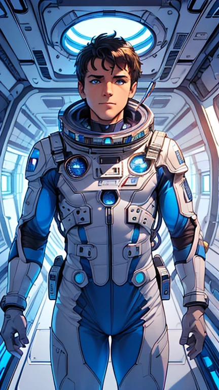 (1male,clark,blue eyes), (extremely detailed CG unit 8k wallpaper),(master part), (best quality), (ultra detail), (best illustration),(methurlant), cowboy shot, (Sharp eyeliner, ombre, detailed eyes:1), Outer Space Station interiors background, ,break , (astronaut in an orange space suit),upper body,very short hair,black hair