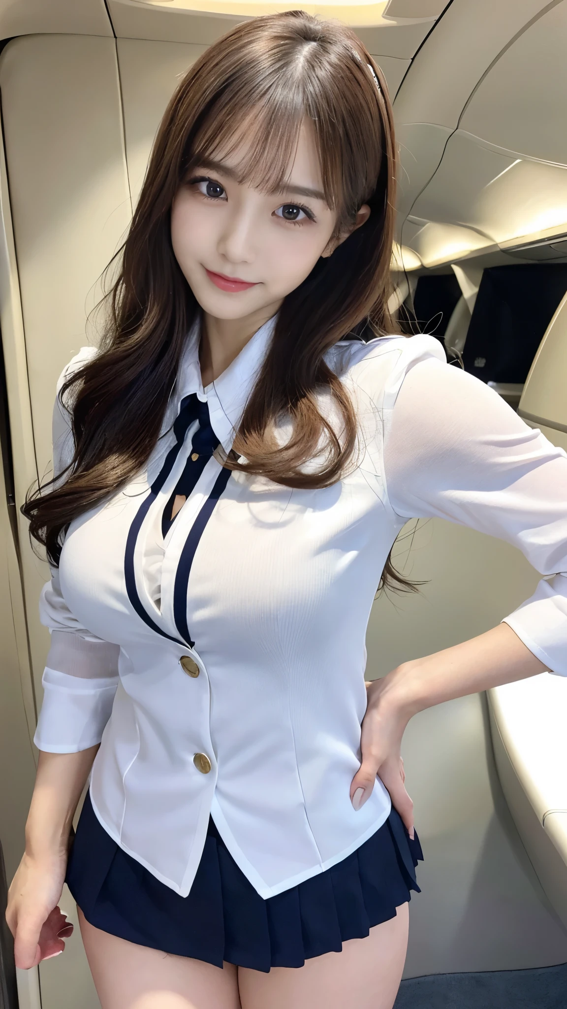 (Detailed skin:1.2),(Shiny skin:1.1),8k,Highest quality, masterpiece, Ultra-high resolution,(Realistic:1.4), RAW Photos,(Soft saturation:1),(Fair skin:1.2),(Succubus:1.2),Half-Japanese beauty,23 years old, (Light brown hair),(Long Hair:1.3)), (Pretty face:1.4), (Large Breasts, Tight waist,Big firm hips:1.2), ((Beautiful lighting:1.3)), ((Flight attendant uniform:1.2)),(Highly detailed face, Highly detailed lips, fine grain, double eyelid,Highly detailed and evenly balanced eyes), (Sharp focus:1.2), ((Full Body Shot)),(Perfect Anatomy:1.3),(Beautiful woman with perfect figure: 1.2)、((Random sexy poses:1.2))、Sharp Eyes,smile,(Inside the jet)