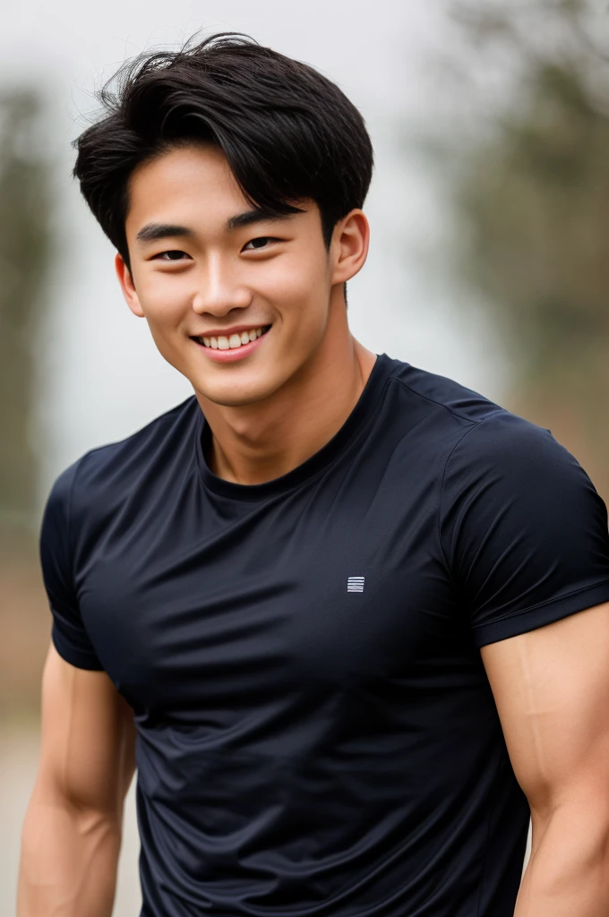 single: 1.5, (ที่TRUEแล้ว, Masterpiece, 8k HD, good light quality, sportswear, to fit the face, complicated details), A handsome Korean man with muscular arms.. , 20 years old, be happy, smile brightly, detailed face, delicate eyes, look at the sky, Wear a navy tight T-shirt.:1.6 ., black eyes, Black hair color, ผมsmooth, smooth，SurTRUE，Excellent details，Highest quality，TRUE，Open your mouth to talk.. , Close your eyes.., (large field:1.5)