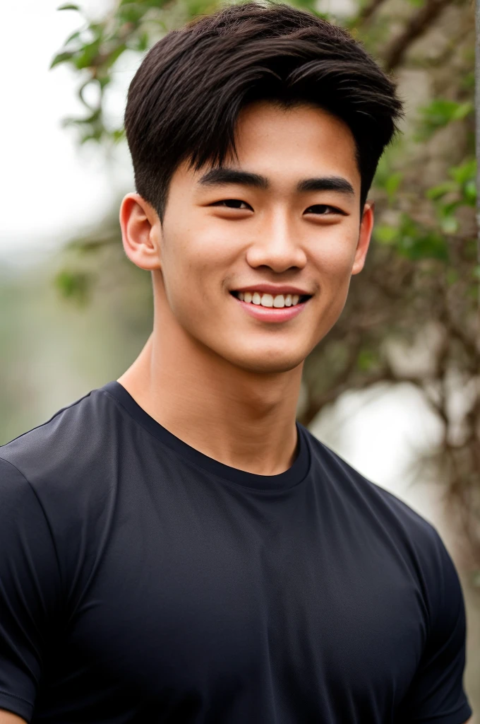 single: 1.5, (ที่TRUEแล้ว, Masterpiece, 8k HD, good light quality, sportswear, to fit the face, complicated details), A handsome Korean man with muscular arms.. , 20 years old, be happy, smile brightly, detailed face, delicate eyes, look at the sky, Wear a navy tight T-shirt.:1.6 ., black eyes, Black hair color, ผมsmooth, smooth，SurTRUE，Excellent details，Highest quality，TRUE，Open your mouth to talk.. , Close your eyes.., (large field:1.5)