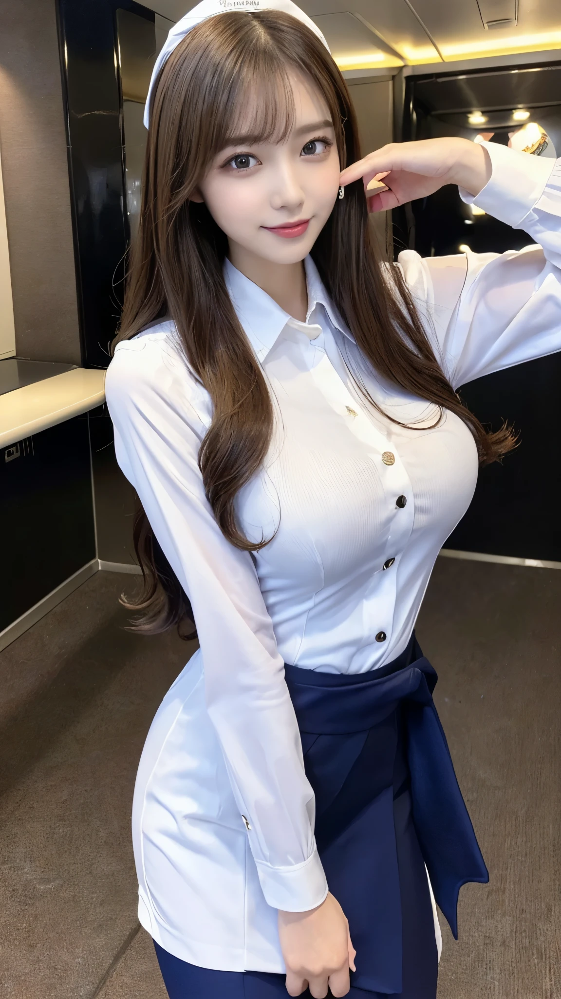 A close up of a woman in a white shirt and blue skirt - SeaArt AI