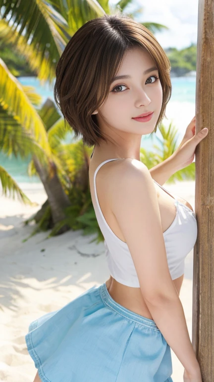 1woman, idol, bob cut, brown hair, sunset, smile, take off your clothes anyway、