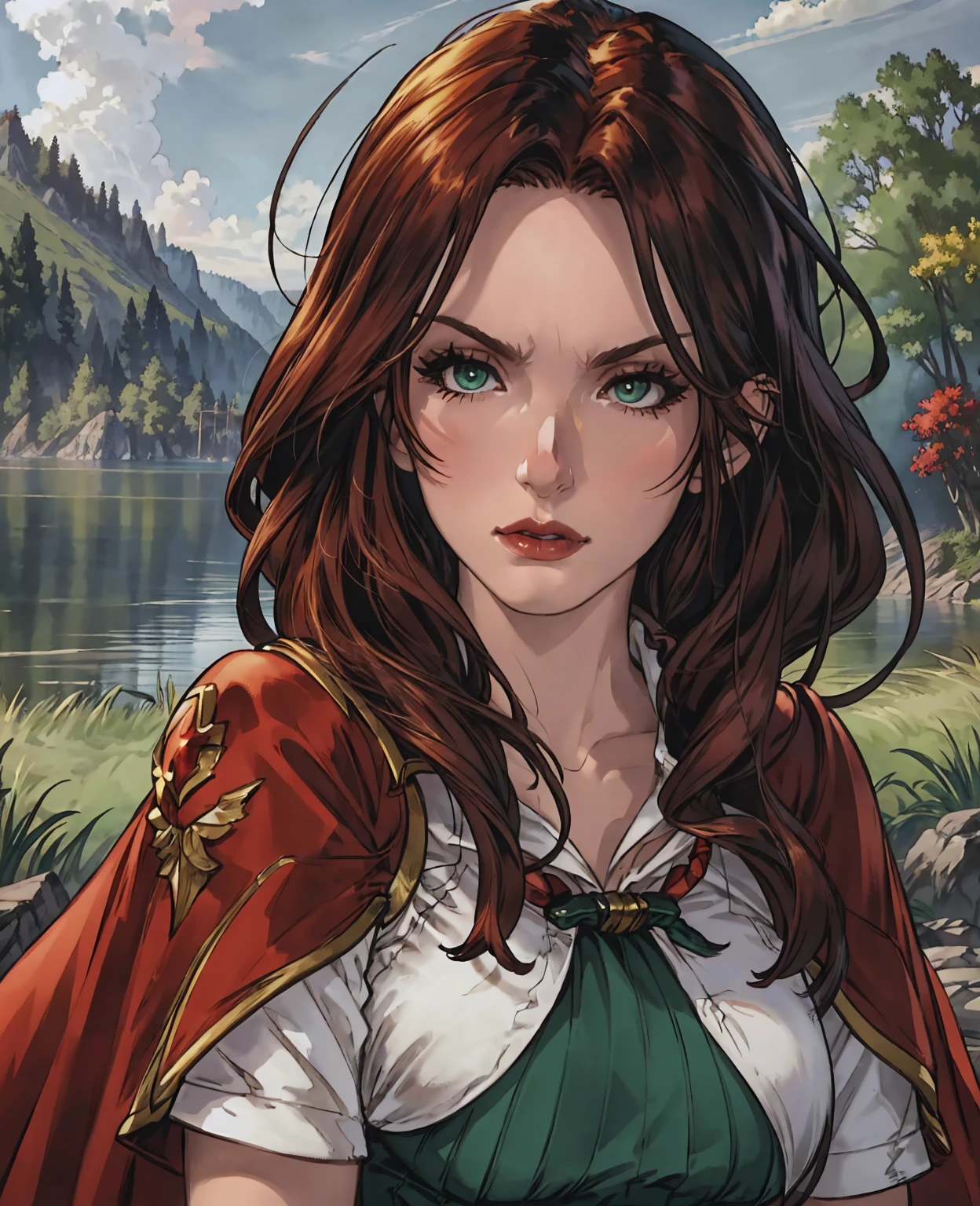 a beautiful girl with long red hair, black hooded cloak, standing in the middle of a serene forest lake, (best quality,4k,8k,highres,masterpiece:1.2),ultra-detailed,(realistic,photorealistic,photo-realistic:1.37),detailed facial features, striking green eyes, full red lips, intricate hooded cloak, still lake reflecting the forest, lush green trees surrounding the lake, golden sunlight filtering through the leaves, moody atmospheric lighting