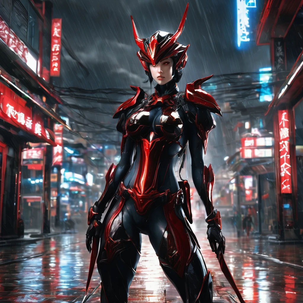 1 Japanese girl, WARFRAME, complex pattern, Heavy metal, energy lines, impersonal, sparkling eyes, elegant, intensive, blood red and black uniform, One, modern, city, streets, dark clouds, storm, shower,, dramatic lighting,, (masterpiece:1.2), Best quality, a high resolution, beautiful detailed, extremely detailed, perfect lighting,