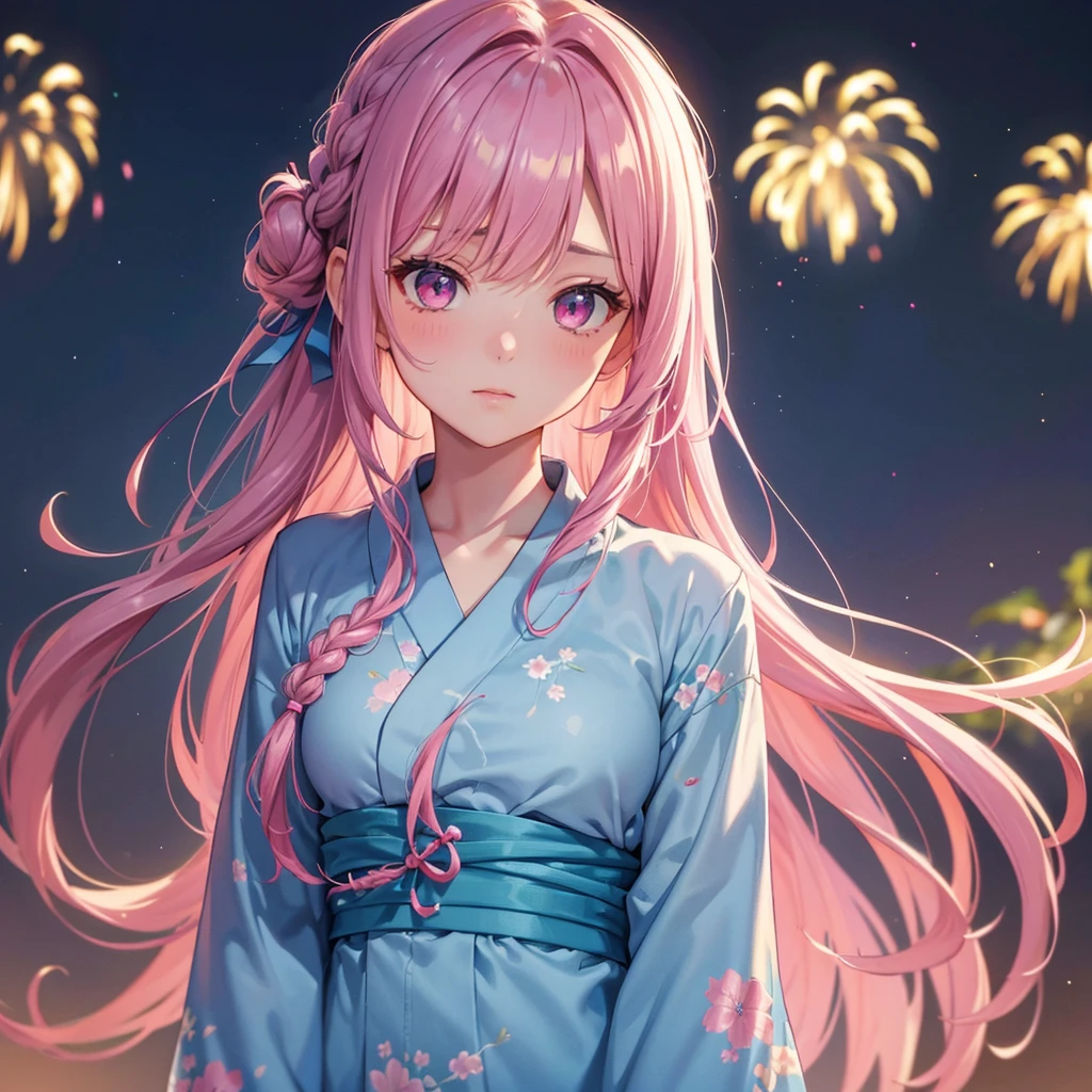 Sky Blue Medium Hair, (Braided Hair),(Pink Eyes),Fair skin ,(whole body),(1 girl)、Floral Yukata、summer night、Extra-large fireworks filling the night sky、Straight bangs,(masterpiece, Highest quality, Very detailed, Best Shadow), (Detailed Background), (Beautifully detailed face), High Contrast, (Best lighting, Very delicate and beautiful), ((Cinematic Light)), colorful, Hyper Detail, Dramatic Light, Intricate details,