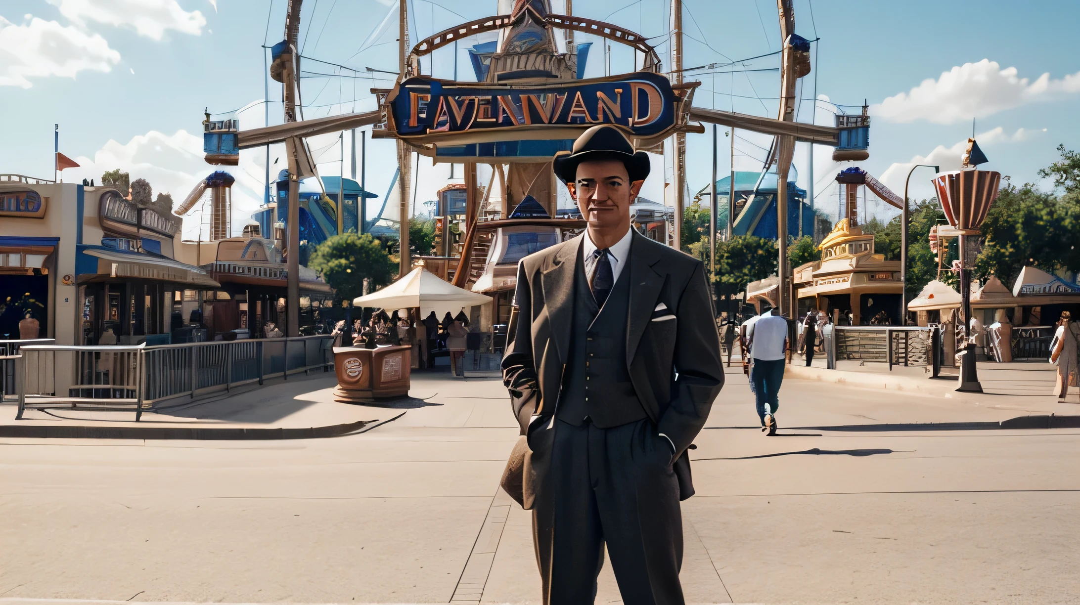 "A man in mid-20th century attire, wearing a hat, stands in front of a newly built amusement park with a 'Disneyland' sign. This scene highlights his success and the struggle to create a famous attraction." 4K