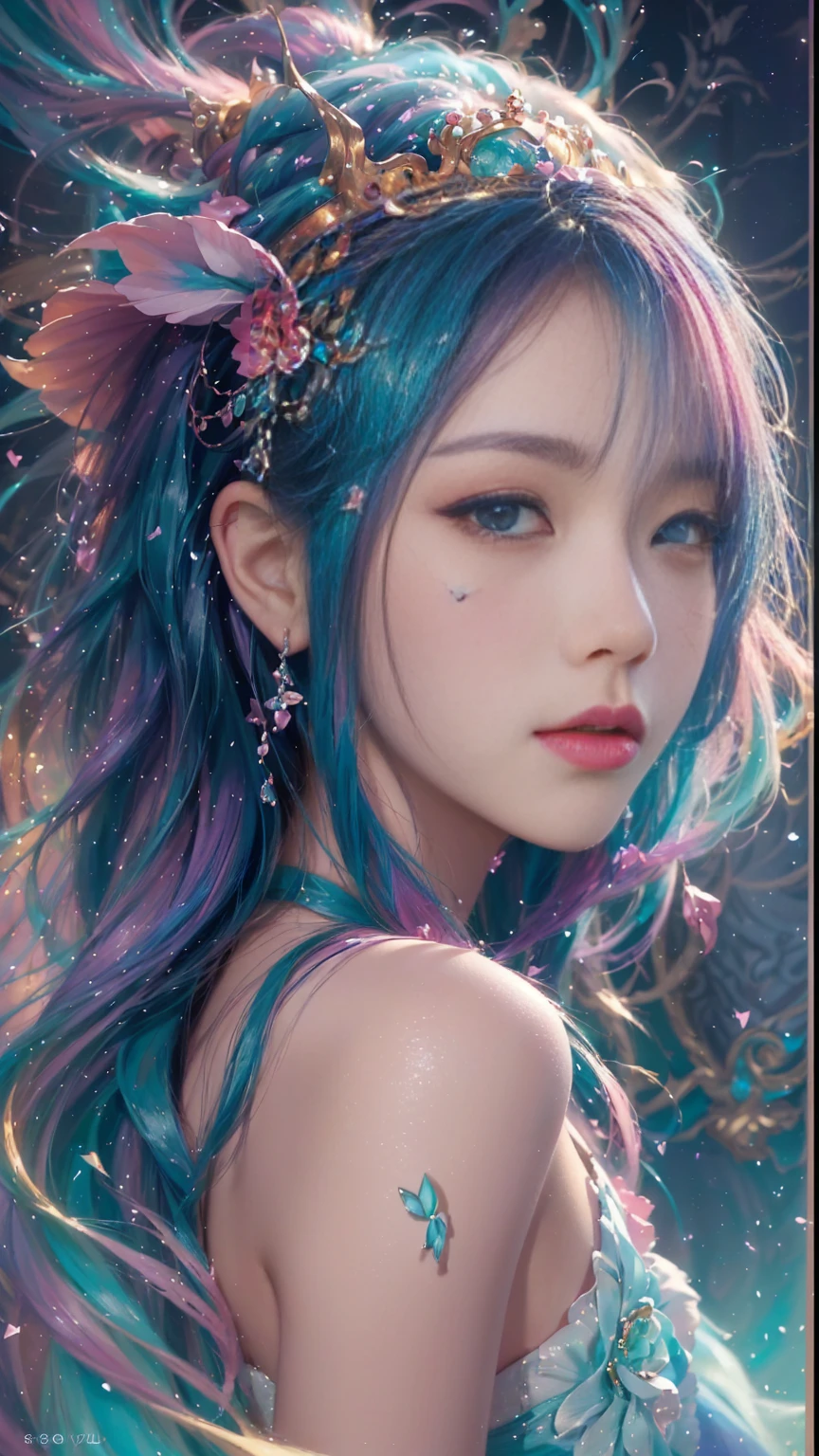 Close-up of a woman with colorful hair and crown, Gweiz-style artwork, 8K high quality, detailed art, 🌺 society, Fantasy art style, rossdraws pastel vivid, Beautiful anime portraits, Inspired by Yanjun Chen, Beautiful digital art, Beautiful digital illustrations, deviantart artstation cgscosiety, Highly detailed digital art in 4K