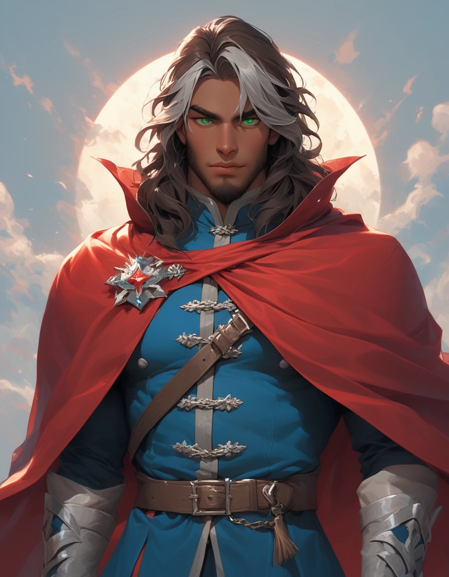 1man, derpixon, fandeltales, parted bangs, short gray hair, silver colored tips two-tone hair, multicolored dark brown hair, solo, middle-thick eyebrow, masculine handsome prince, beard, green eyes, black pupils, lens eye, tanned skin, BREAK red cloak, dark-blue military uniform, Medieval outfit, standing, in cartoon style, masterpiece, best quality, BREAK score_9, score_8_up, score_7_up, source_anime, source_cartoon
