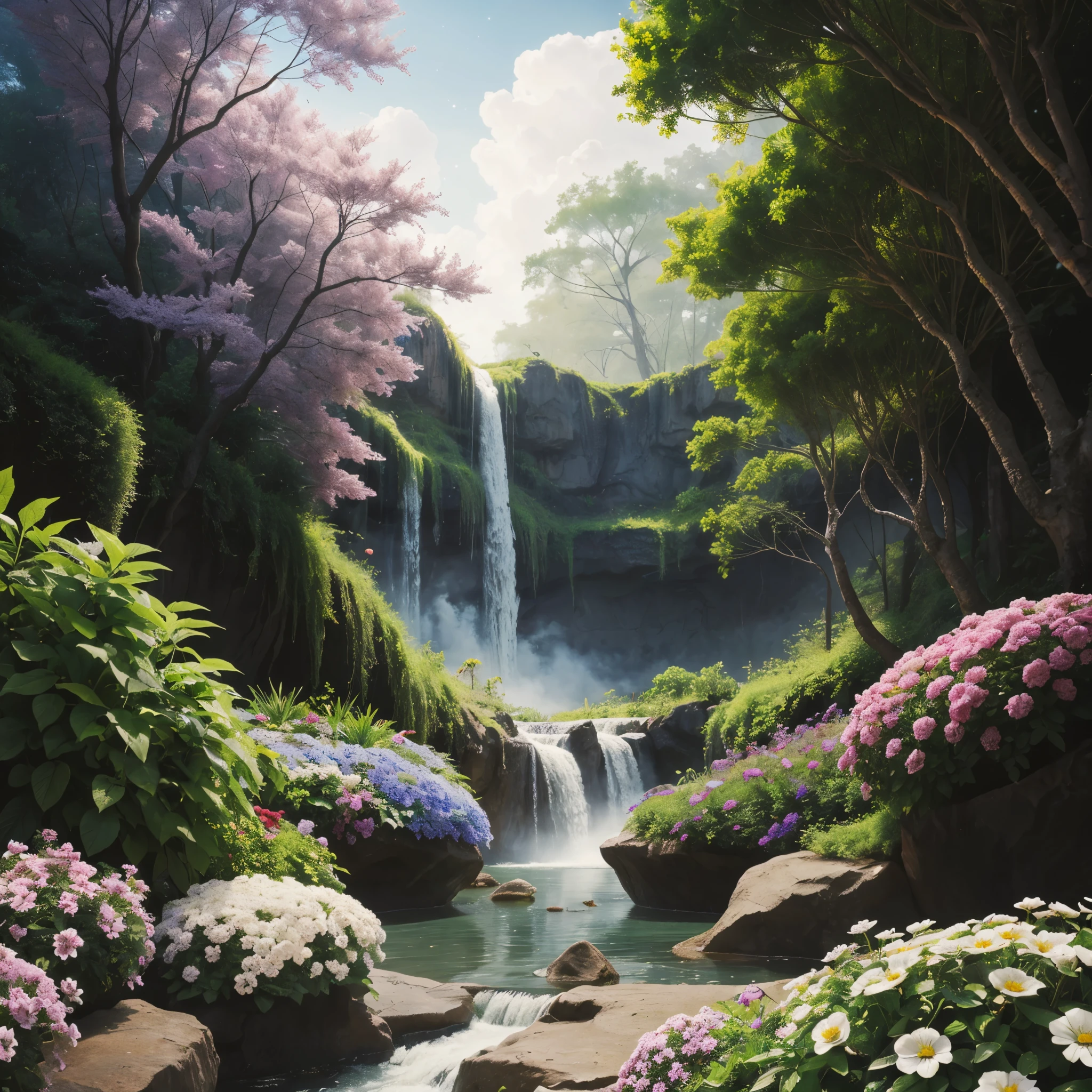 dreamy cosmic, colorful nebulae, lush vegetation surface, vibrant flowers, floating garden, soft glow, ethereal atmosphere, exotic blossoms, crystalline streams, misty waterfalls,