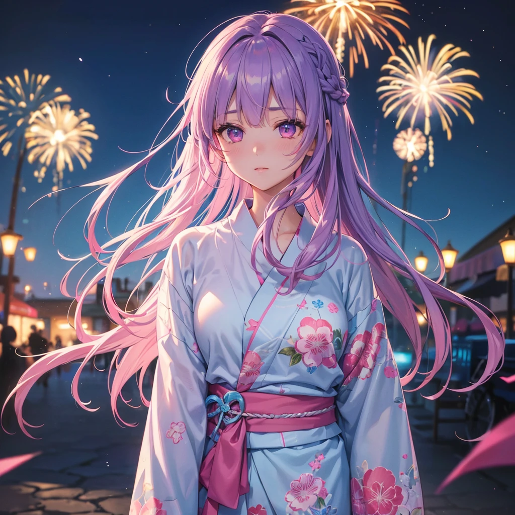 Sky Blue Medium Hair, (Braided Hair),(Pink Eyes),Fair skin ,(whole body),(1 girl)、Floral Yukata、summer night、Extra-large fireworks filling the night sky、Big fireworks、Straight bangs,(masterpiece, Highest quality, Very detailed, Best Shadow), (Detailed Background), (Beautifully detailed face), High Contrast, (Best lighting, Very delicate and beautiful), ((Cinematic Light)), colorful, Hyper Detail, Dramatic Light, Intricate details,
