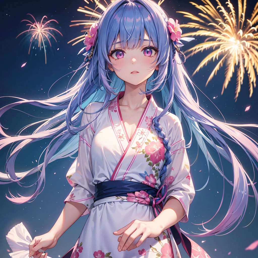 Sky Blue Medium Hair, (Braided Hair),(Pink Eyes),Fair skin ,(whole body),(1 girl)、Floral Yukata、summer night、Extra-large fireworks filling the night sky、Big fireworks、Straight bangs,(masterpiece, Highest quality, Very detailed, Best Shadow), (Detailed Background), (Beautifully detailed face), High Contrast, (Best lighting, Very delicate and beautiful), ((Cinematic Light)), colorful, Hyper Detail, Dramatic Light, Intricate details,