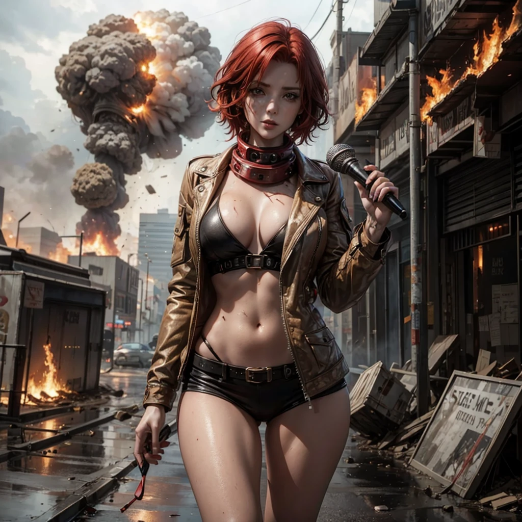 A female reporter with red hair holding a mic, A doomsday scene, chaotic, destruction, explosion, burning, meteorites rained down on the earth, post-apocalyptic