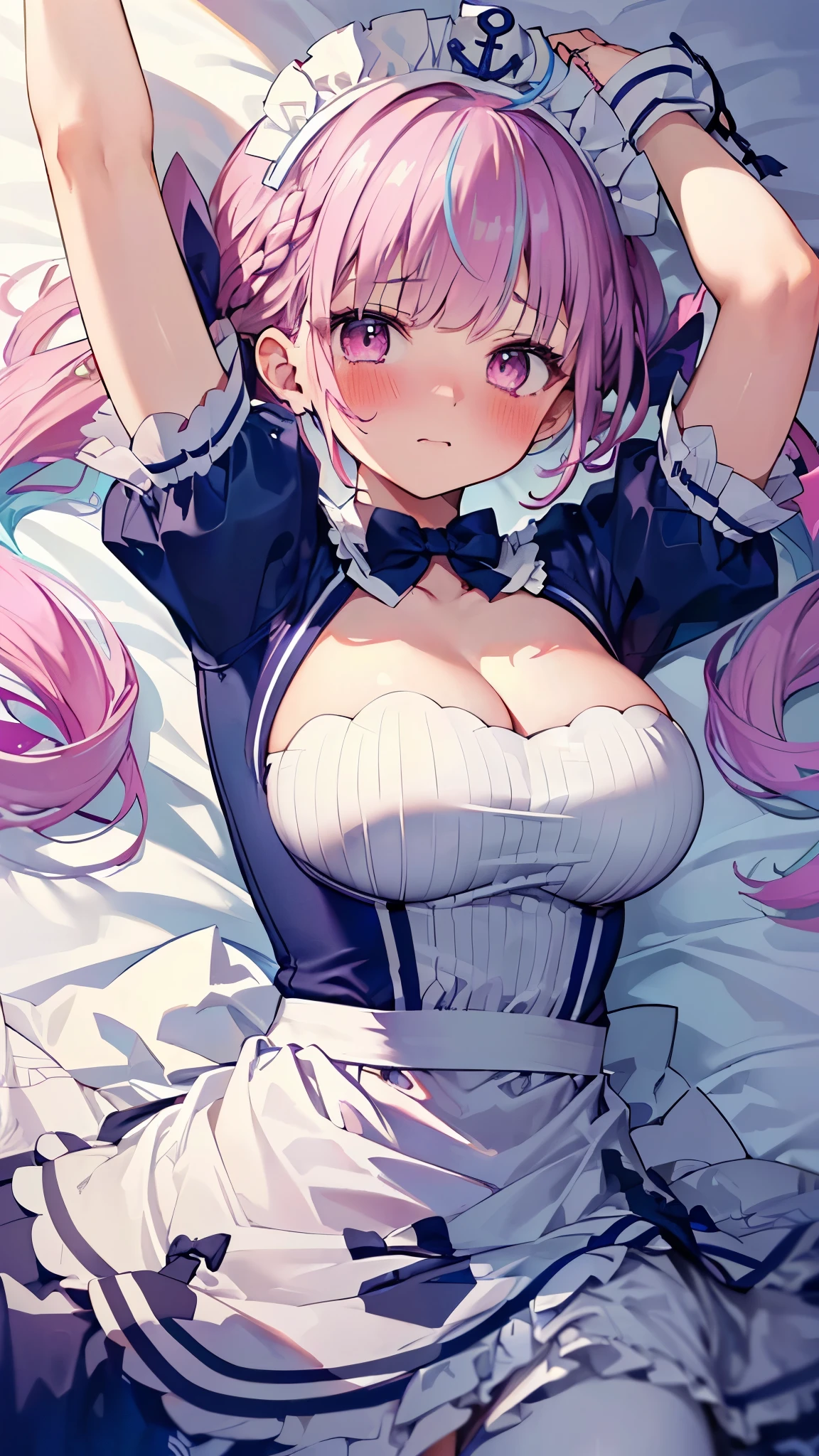 (best quality:1.2), (ultra detailed:1.2),(masterpiece:1.2),(8k:1.2),(aaaqua, twintails, drill hair, maid headdress, cleavage, short sleeves, wrist cuffs),(Blessed,Captivating body、Ultra detailed hands、Ultra-detailed eyes、Ultra-detailed skin、ultra-detailed face,Detailed Background),One Girl、(bedroom,lie down,arms up:1.5),(embarrassed,blush:1.5)