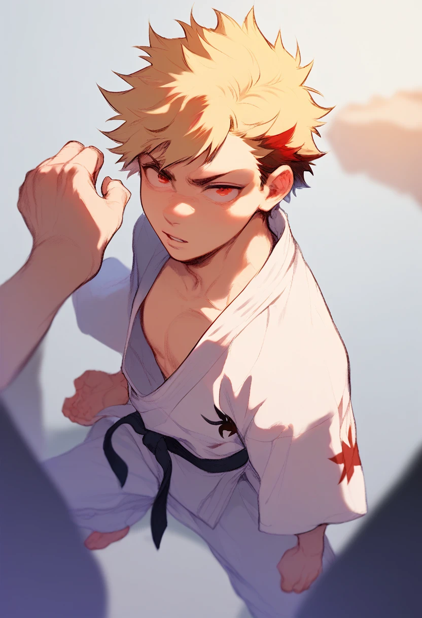 bakugo katsuki,red eyes, blonde hair, short hair,1boy,solo focus, spiked hair, summer attire, parted lips, oversized Kyokushin Karate Gi, Black Belt, full body 