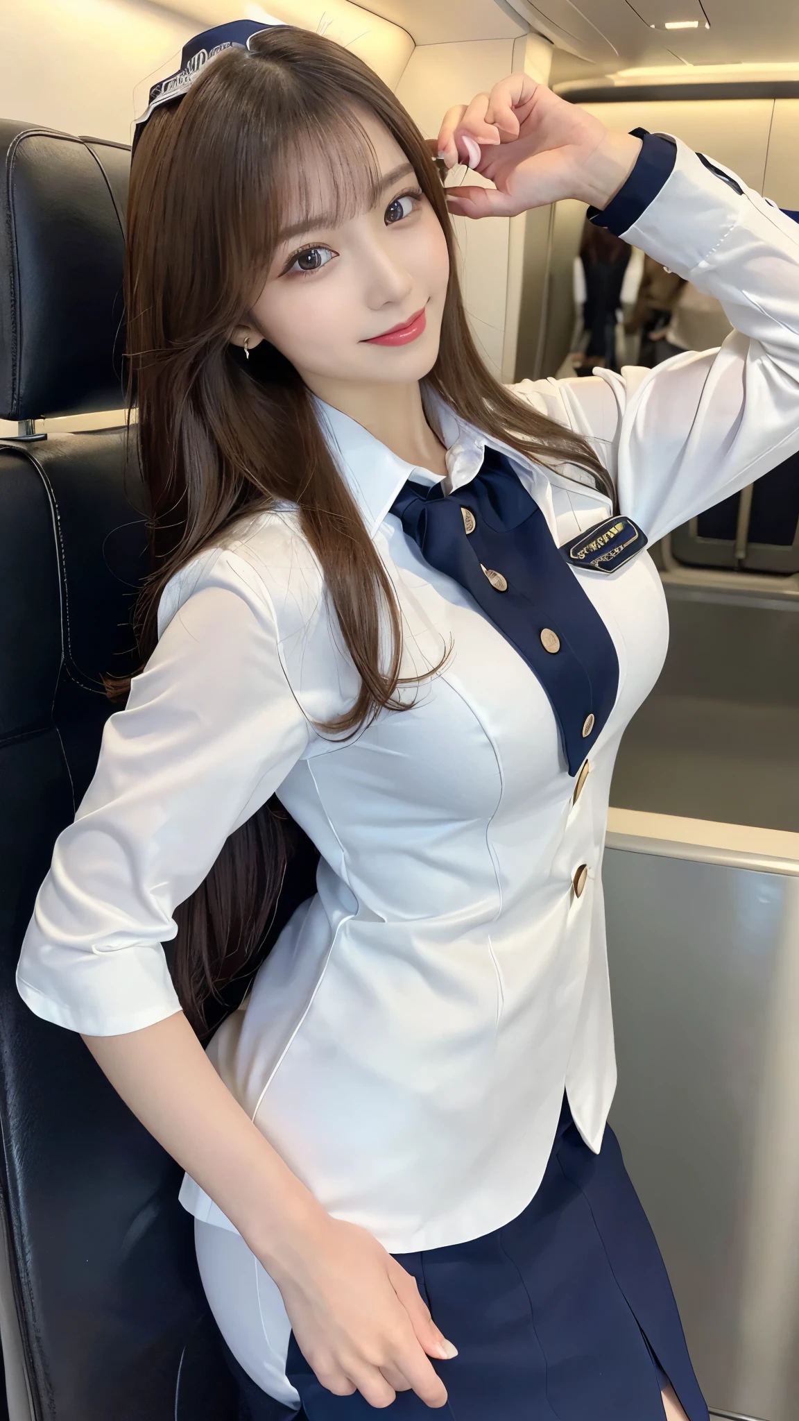 (Detailed skin:1.2),(Shiny skin:1.1),8k,Highest quality, masterpiece, Ultra-high resolution,(Realistic:1.4), RAW Photos,(Soft saturation:1),(Fair skin:1.2),(Succubus:1.2),Half-Japanese beauty,23 years old, (Light brown hair),(Long Hair:1.3)), (Pretty face:1.4), (Large Breasts, Tight waist,Big firm hips:1.2), ((Beautiful lighting:1.3)), ((Flight attendant uniform:1.2)),(Highly detailed face, Highly detailed lips, fine grain, double eyelid,Highly detailed and evenly balanced eyes), (Sharp focus:1.2), ((Full Body Shot)),(Perfect Anatomy:1.3),(Beautiful woman with perfect figure: 1.2)、((Random sexy poses:1.2))、Sharp Eyes,smile,(Inside the jet)