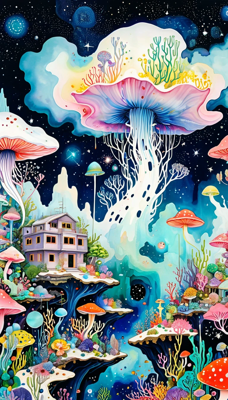 Fungi、Virus、microorganism、plant、Marine life、Soft coral,reef,(Eye:1.37)、Starry Sky,architecture、Stitching together an abstract painting,Describing the inner world of autistic people,Sense of space,White Space,Psychedelic Art