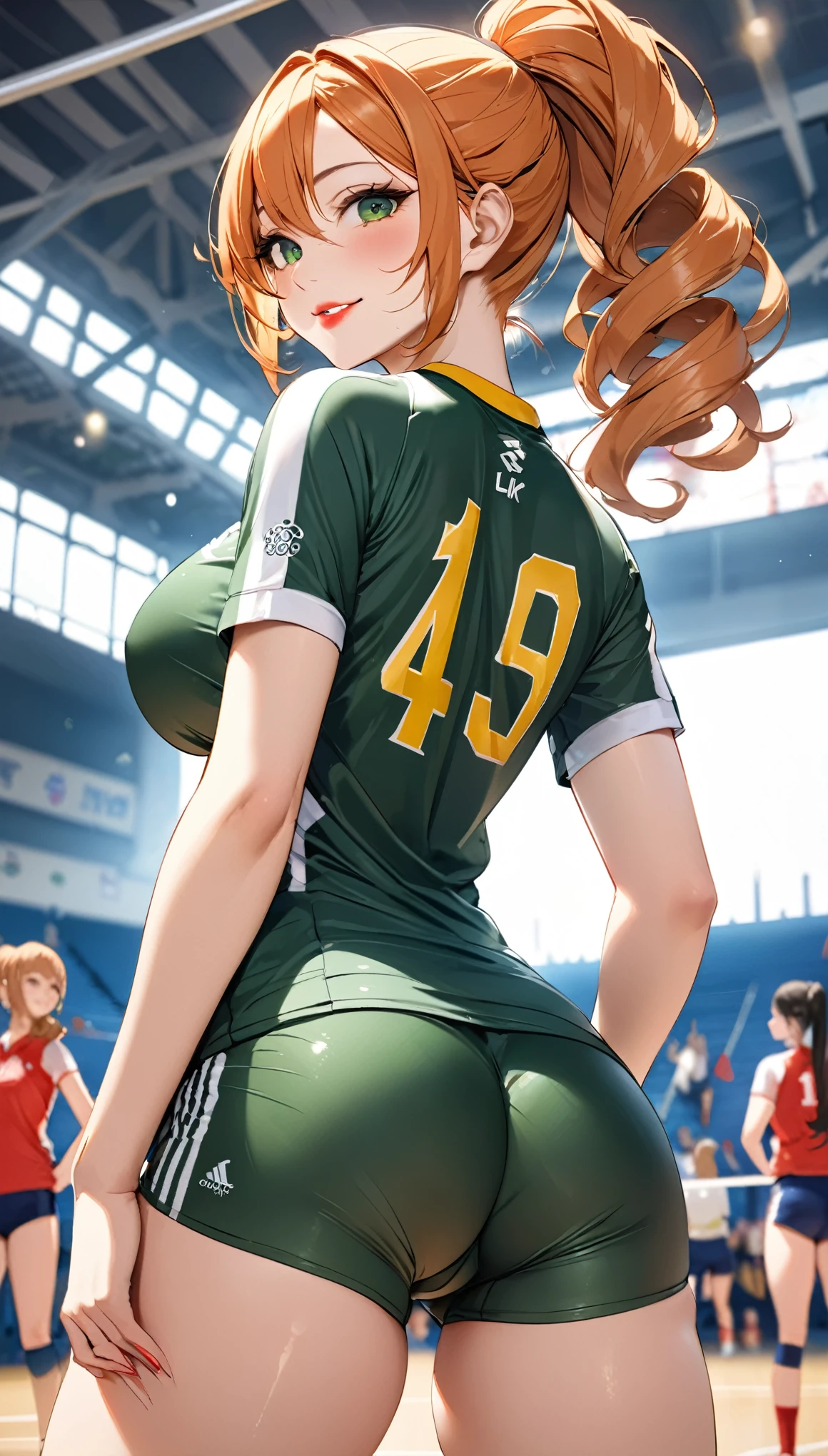 (Highest quality,4K,8k,High resolution,masterpiece:1.2),Very detailed,32-year-old woman、(((Mature Woman))), (((Mature Woman))), Best Bust、Large Breasts, from below, Beautiful Eyes、Orange Hair、Moss green eyes、Red lips, ((ponytail)), (Drill Hair), ((amount)),  Very cute face, Glossy Lips, Double eyelids on both eyes,Natural smile、Tight waist、(volleyball uniform), ooking back, kneepits, looking at viewer, from behind, cameltoe, breasts, kneehighs, closed mouth, Natural Makeup, smile, Long eyelashes, Shiny and smooth hair、tall、In a crowded gymnasium、Olympic Venues、Shallow depth of field