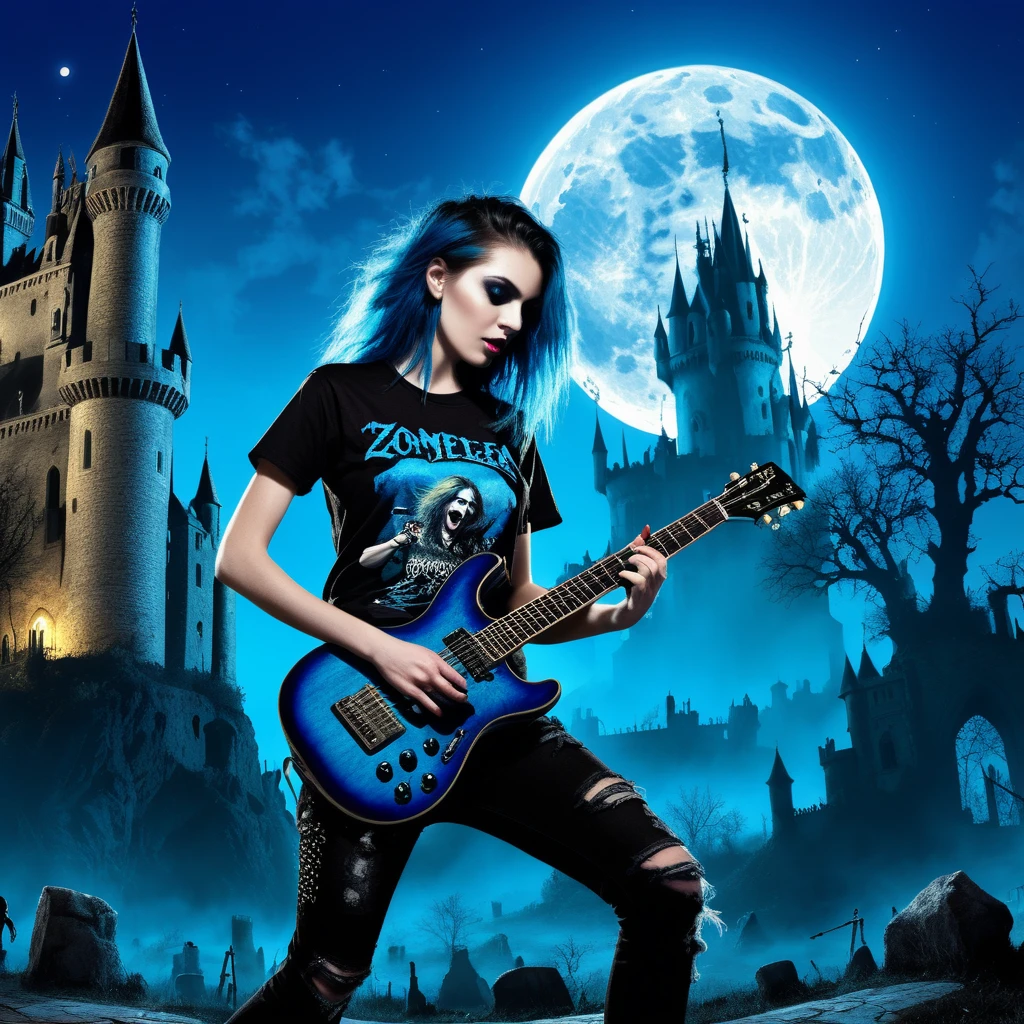 Rocker playing guitar with a name t-shirt "cavera_rock" Nele. For a group of ZOMBIES, in the background a Gothic Renaissance castle with a full moon all in bright blue With a "APOLYPTIC DARK" styled