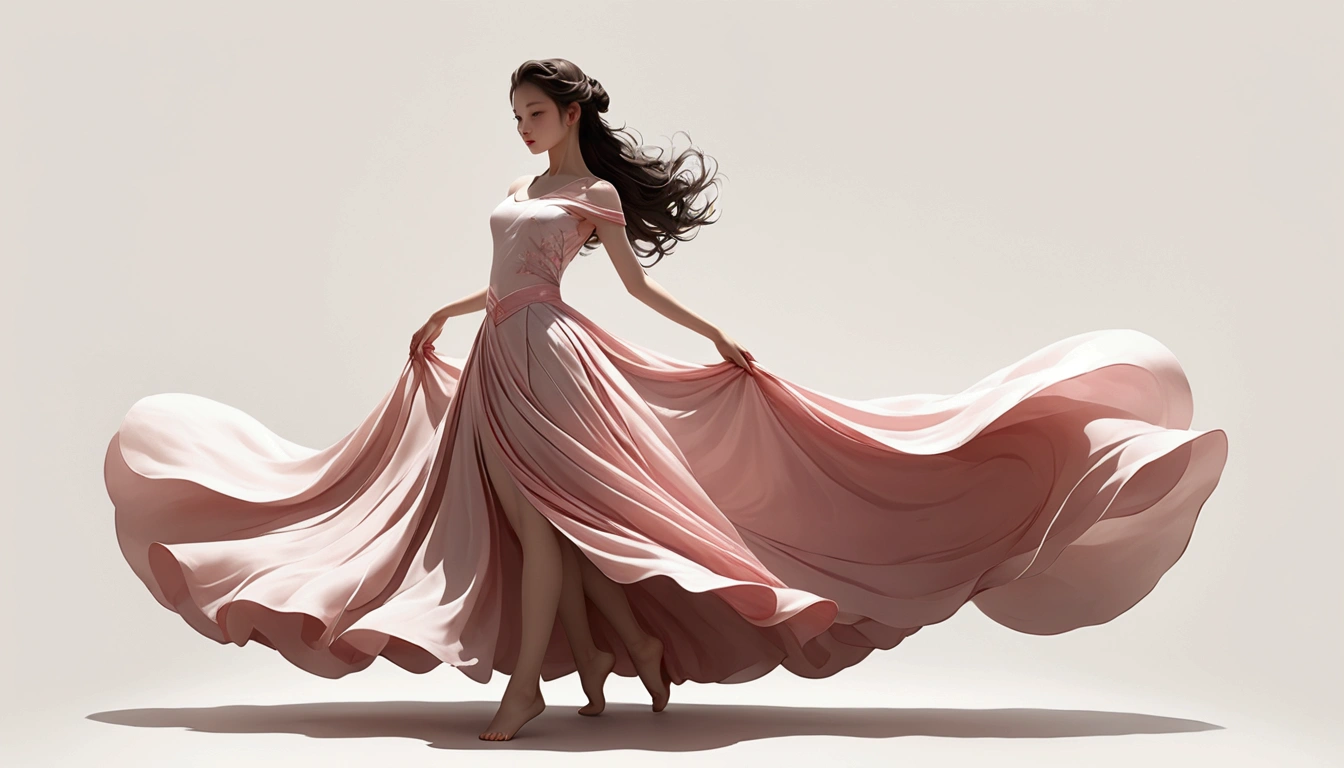 Dance photography；A dancer，Solitary；A *********** in a gorgeous long dress，Princess dress，Chinese style skirt，pink，Conservative style，Smudged skirt hem；The movements of the dance；elegant，Flexible skirt；Long hair shawl。Full body view，front； Simple style；Minimalism。White background，Pure white background；Panoramic photography；Depth of Field, Extraordinary details, masterpiece, high quality, 4K，cinematic lighting, motion blur, depth of field, sparkle, ray tracing, reflection light, anatomically correct, uhd, textured skin, best quality, super detail, highres, high details, accurate, high quality, award winning。