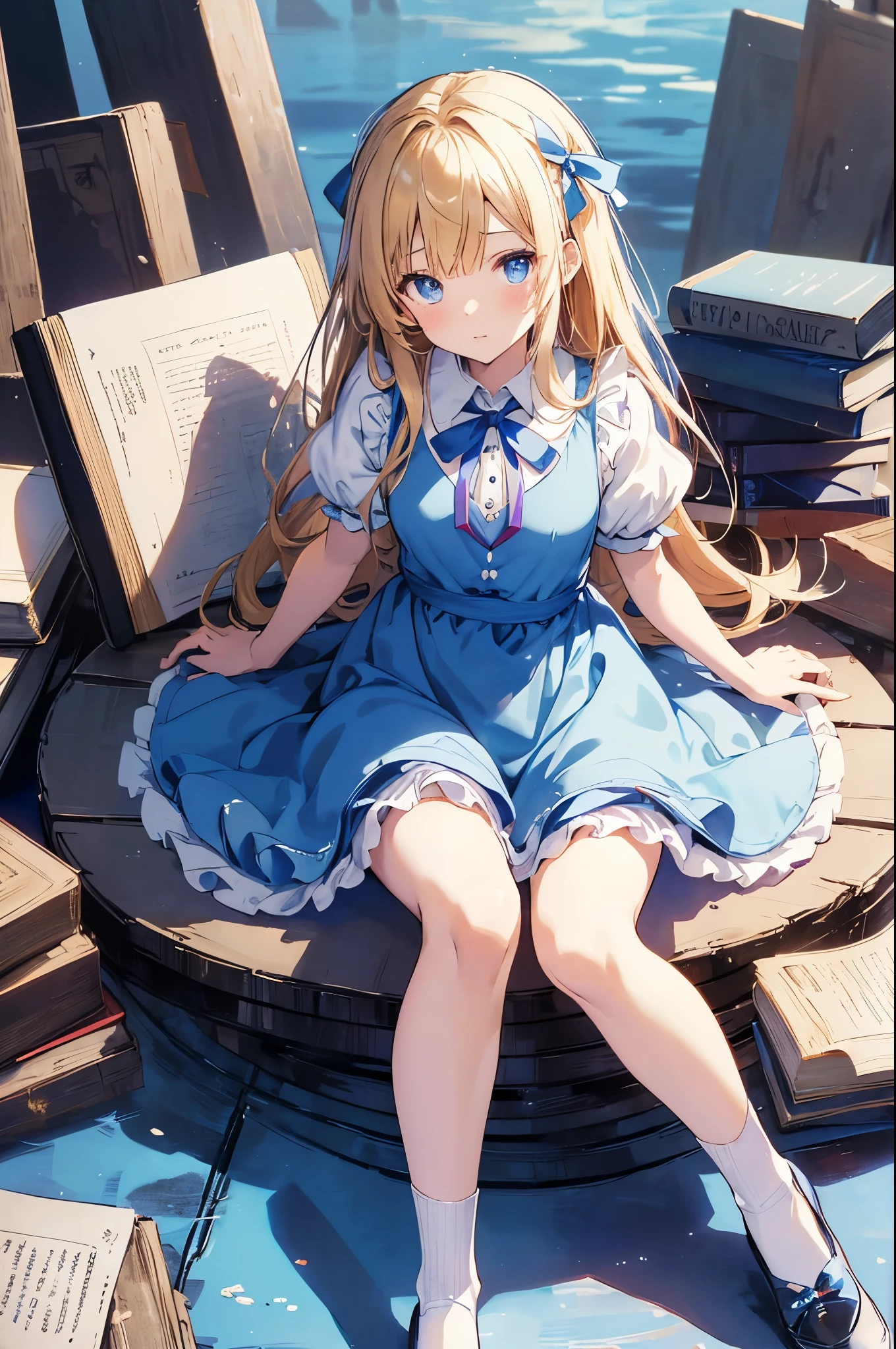 Anime girl in a blue dress sitting on a pile of books (Official Art、Highest quality、unity 8k wallpaper、32K、masterpiece、Very detailed、Ultra-high resolution)、Fantasy、((Alice in Wonderland))、blonde、Tie your hair with a ribbon、Blue colored eyes、Blue Apron Dress、White socks、
