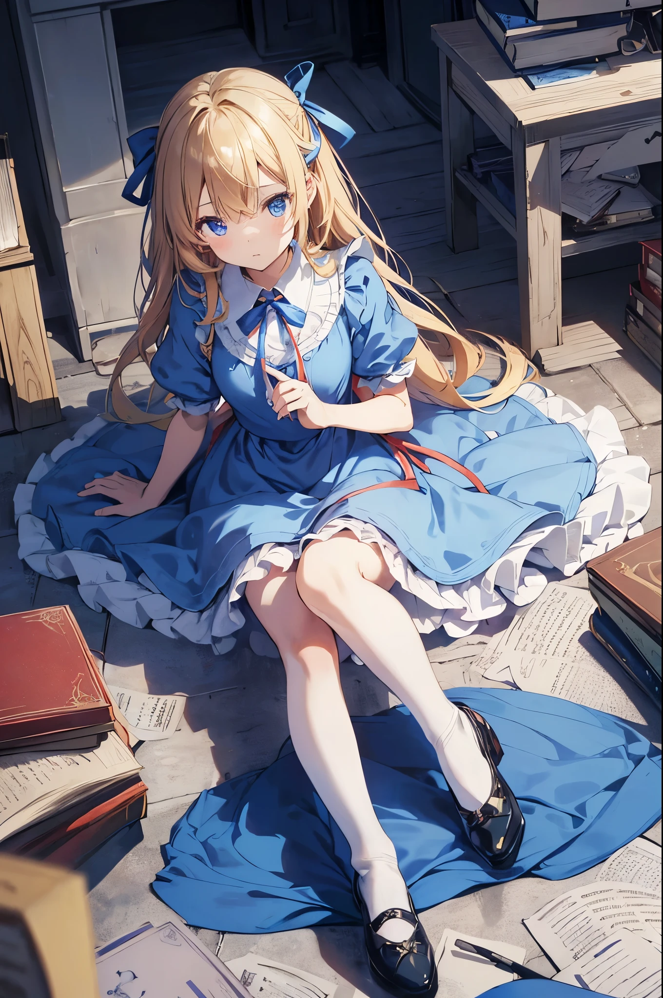 Anime girl in a blue dress sitting on a pile of books (Official Art、Highest quality、unity 8k wallpaper、32K、masterpiece、Very detailed、Ultra-high resolution)、Fantasy、((Alice in Wonderland))、blonde、Tie your hair with a ribbon、Blue colored eyes、Blue Apron Dress、White socks、