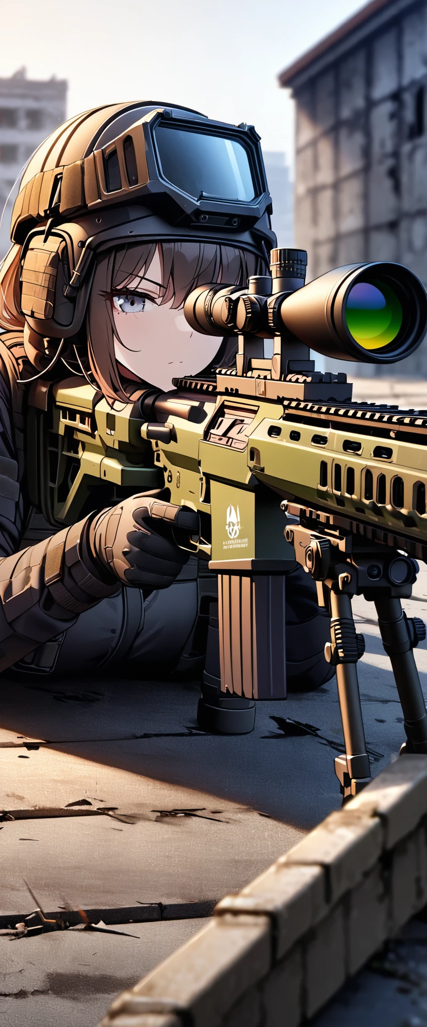 (masterpiece),(Highest quality),(High resolution),(Very detailed),8k,wallpaper,(One Woman:1.6),Brunette,Short Bob,(Beautiful Face,Beautiful Eyes,Beautiful Hair,Beautiful Skin),(Serious),BREAK(((aim at something with a sniper rifle:1.5))),((Look through the scope and take aim:1.6)),(Prone)((Close one eye:1.4)),(((Sniper Rifle))),((SWAT Uniforms,Bulletproof vest, Combat Boots,Tactical Headset,Tactical Helmet)),(The background is the rooftop of an abandoned building:1.6),(((Background Blur))),(Detailed drawing of a sniper rifle:1.3)