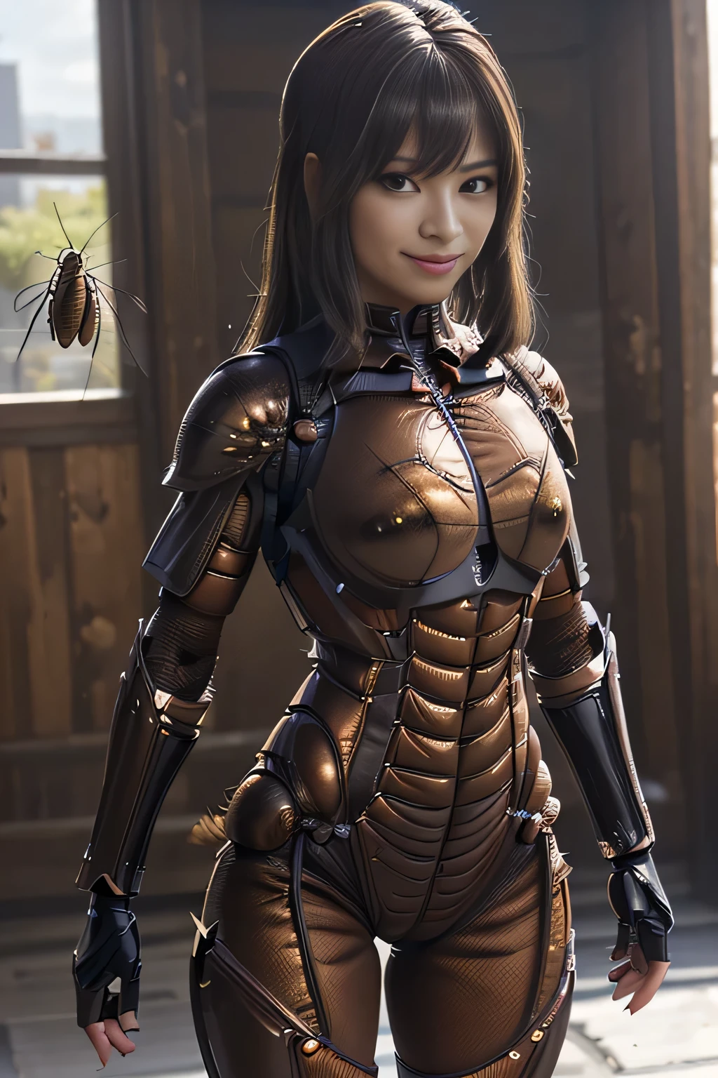 (high resolution,masterpiece,best quality,extremely detailed CG, anime, official art:1.4), realistic, photo, amazing fine details, all intricate, gloss and shiny,awesome many layers, 8k wall paper, 3d, sketch, kawaii, illustration,( solo:1.4), perfect female proportion,villainess, (fusion of dark brown cockroach and lady:1.4), (brown cockroach form lady:1.2), (brown cockroach lady:1.2), (fusion:1.2), (solo:1.4), (evil smile:1.2), muscular, abs, (cockroach brown exoskeleton bio insect suit:1.4), (cockroach brown exoskeleton bio insect armor:1.2), (brown transparency cockroach wing:1.4), (brown cockroach antennae:1.3),