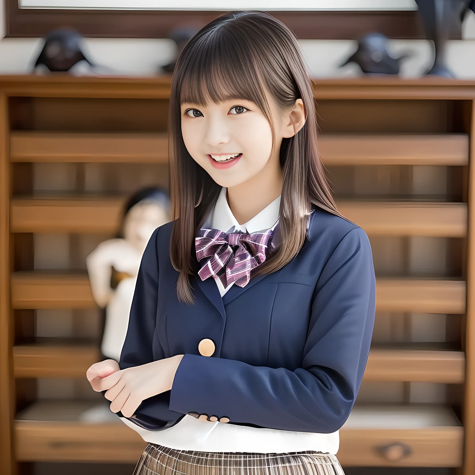 (Highest quality, masterpiece:1.2), Highest quality, High resolution, 1080P, 8k, height: 158cm, ((A noble, graceful and intelligent **** Japanese young idle who has a best proportion)), ((So sweet, very noble, neat, and pretty **** Japanese beautiful fashion magazine model: 1.6)), ((((Very pure white face and limbs)))), Glossy Lips, (Evenly cut curled bangs), ((Very beautiful, droopy, cute, pure, noble, intelligent brown eyes with detailed: 1.6)), ((Super long, black straight hair )), (Very shiny, glossy Lips), ((Beautiful straight hair like a school promotion model)), Watch at you, ((Incredibly well organized, Rich facial expressions)), ((Plump and beautiful white skin and face)), ((Pure, clear, gentle brown eyes)), ((staring at me)), Glossy Lips, ((Noble and elegant)), Very beautiful blue skirt, ((Large upward-curving lips)), ((((Navy Japanese school blazer with noble golden emblem)))), ((Navy and sapphire blue Japanese school uniform)), ((Tartan check pattern dark blue pleated long skirt)), ((Cobalt blue string chest ribbon)), ((((An ecstatic expression of boundless joy)))), (((Beauty and fashion magazine for young girls))), ((Cute beautiful knees)), ((Well-shaped ample breasts)), ((Tilting his head and smiling)), ((many dark ghosts and wraiths are behind her: 1.5)), (Laughing loudly holding your stomach because the viewer is too funny: 1.0), ((Too beautiful woman: 1.6))