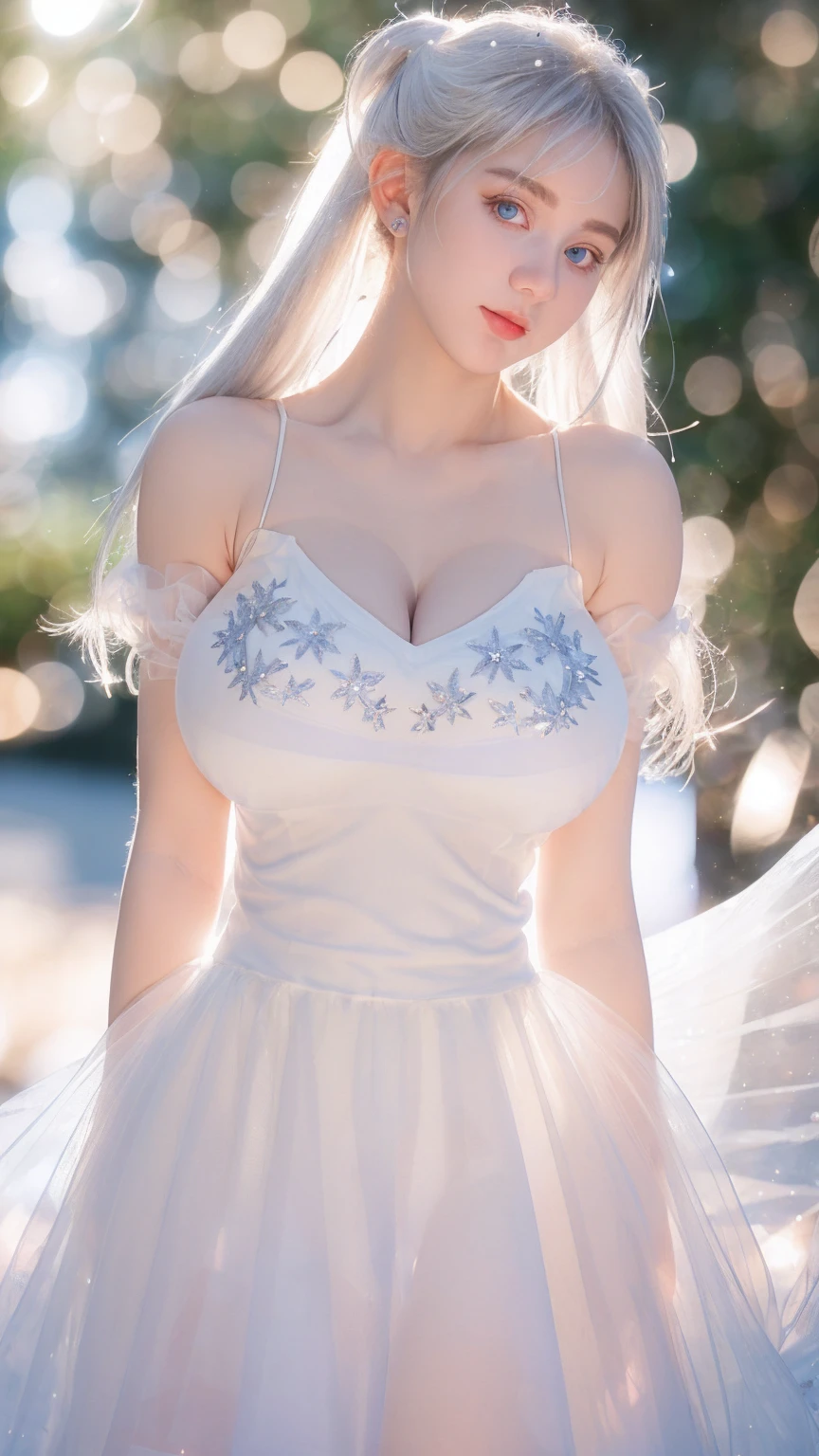 Georgeous, Beautiful, Cute, , 18 Years Old, Whitkin, Cleavage, ((Large Colossal Breast:1.5)), Sleeveless, Off Shoulder, Strapless, ((Transparent:1.3)), ((White Long Lolita Dress)), (Embroidery), Posing, ((Silver Hair)), ((Bright Blue Eye)), ((Muscles:1.3)), ((Bokeh:1.3)), Animal Farmer Background, Masterpiece, Twintails