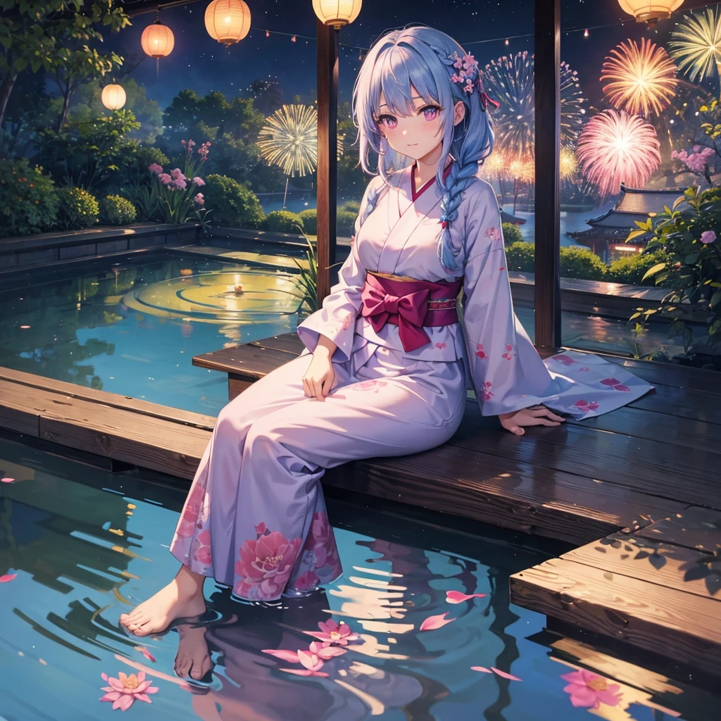 Sky Blue Medium Hair, (Braided Hair),(Pink Eyes),Fair skin ,(whole body),(1 girl)、highres, masterpiece, best quality, ultra-detailed 8k wallpaper, extremely clear, (detailed beautiful face):1.2, from above, 1girl, 独奏, yukata, He’s looking at us, sitting, The veranda of a Japanese house, Pond at your feet, Fireworks reflected on the pond, BREAK, evening,