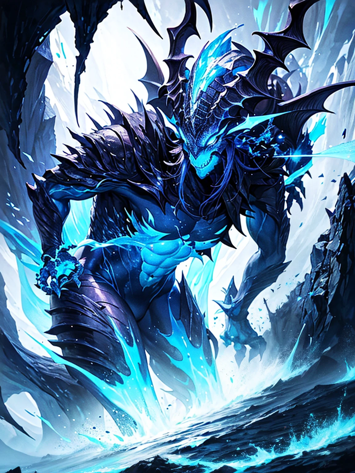 Dark cave deep blue fog glitched dragon girl