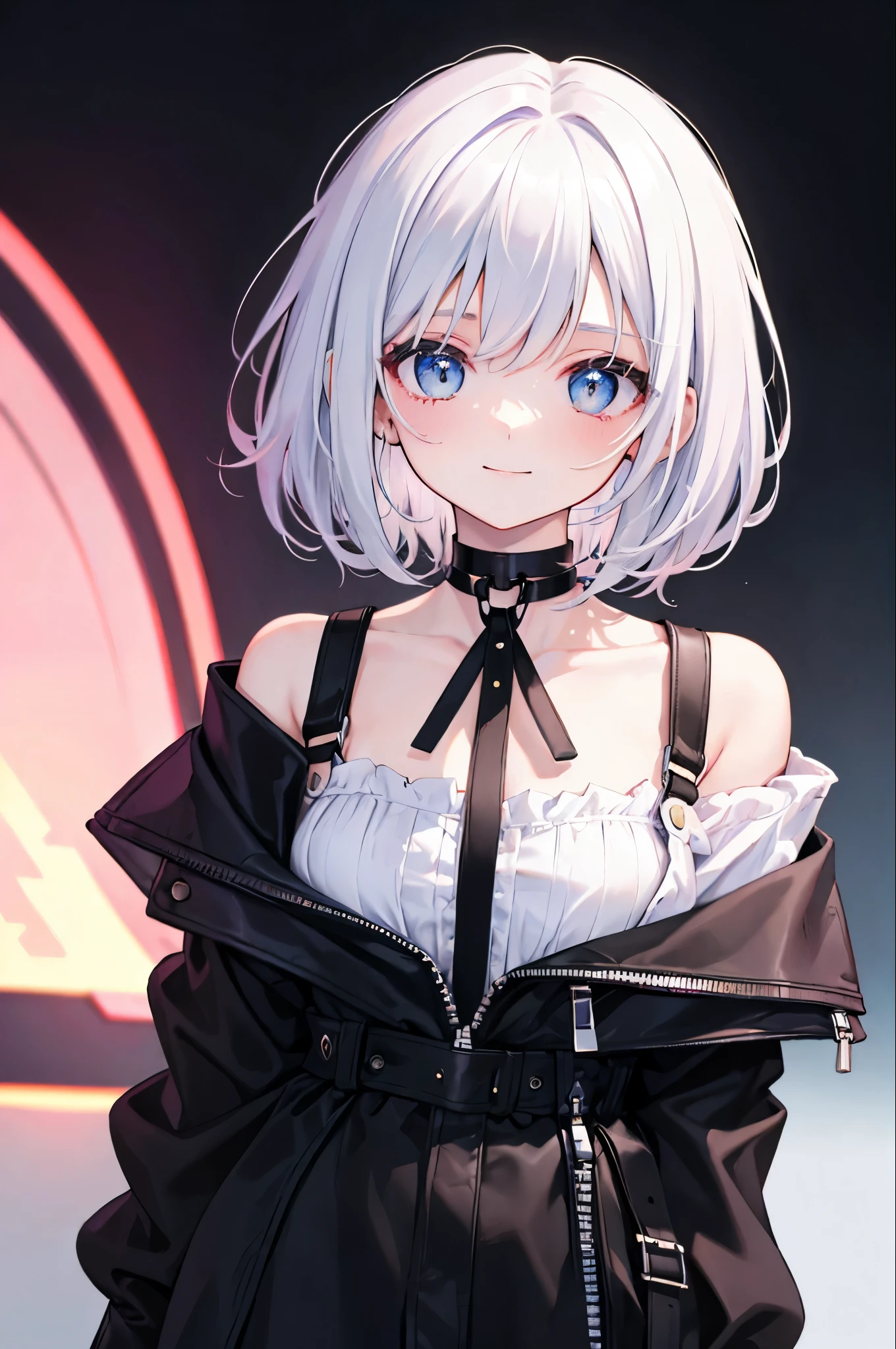Highest quality,smile,woman,woman1人,adult,cute,Medium Hair,White hair color,Light blue eyes,Off-the-shoulder tops,Black shorts,Piercing,Black choker, Background white,Simple background,