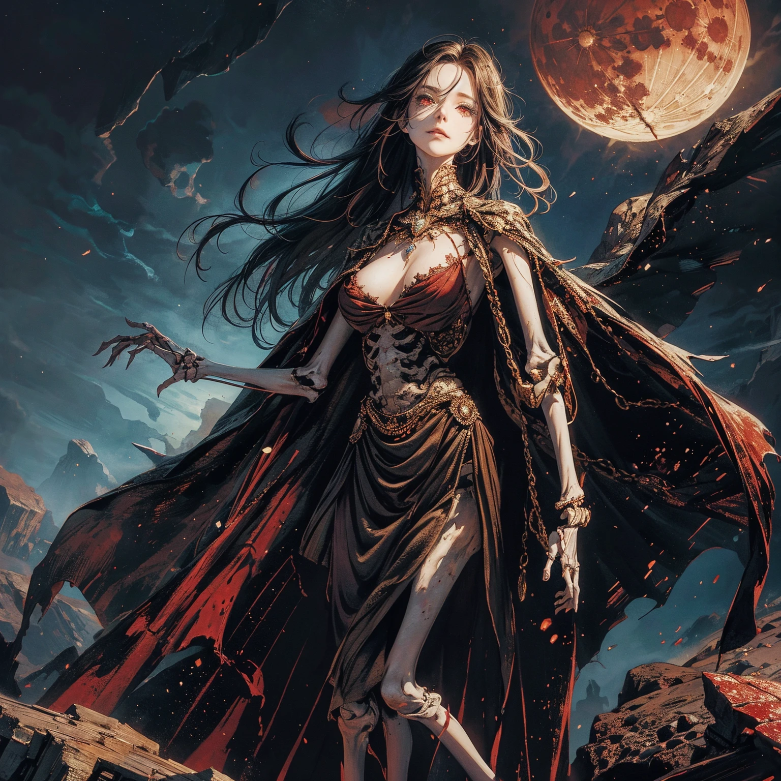 full-body shot, wide-angle lens, best quality, 4K, high resolution, masterpiece, Very detailed, Mood lighting, An undead girl in a long cape, Whole body including hands & arms & legs & feet are all skeleton bones but except the head is still beautiful human face, Wearing a ragged gothic skirt, Aloofness emotion, Dangerous sneer, Beautiful but sad smile, Black Hair, Standing, Facing the camera, Crucified, Pitch black sky, Blood-red moon, strange atmosphere, Gothic style, Unforgettable beauty, Dramatic shadows, Ethereal Light, Mysterious atmosphere