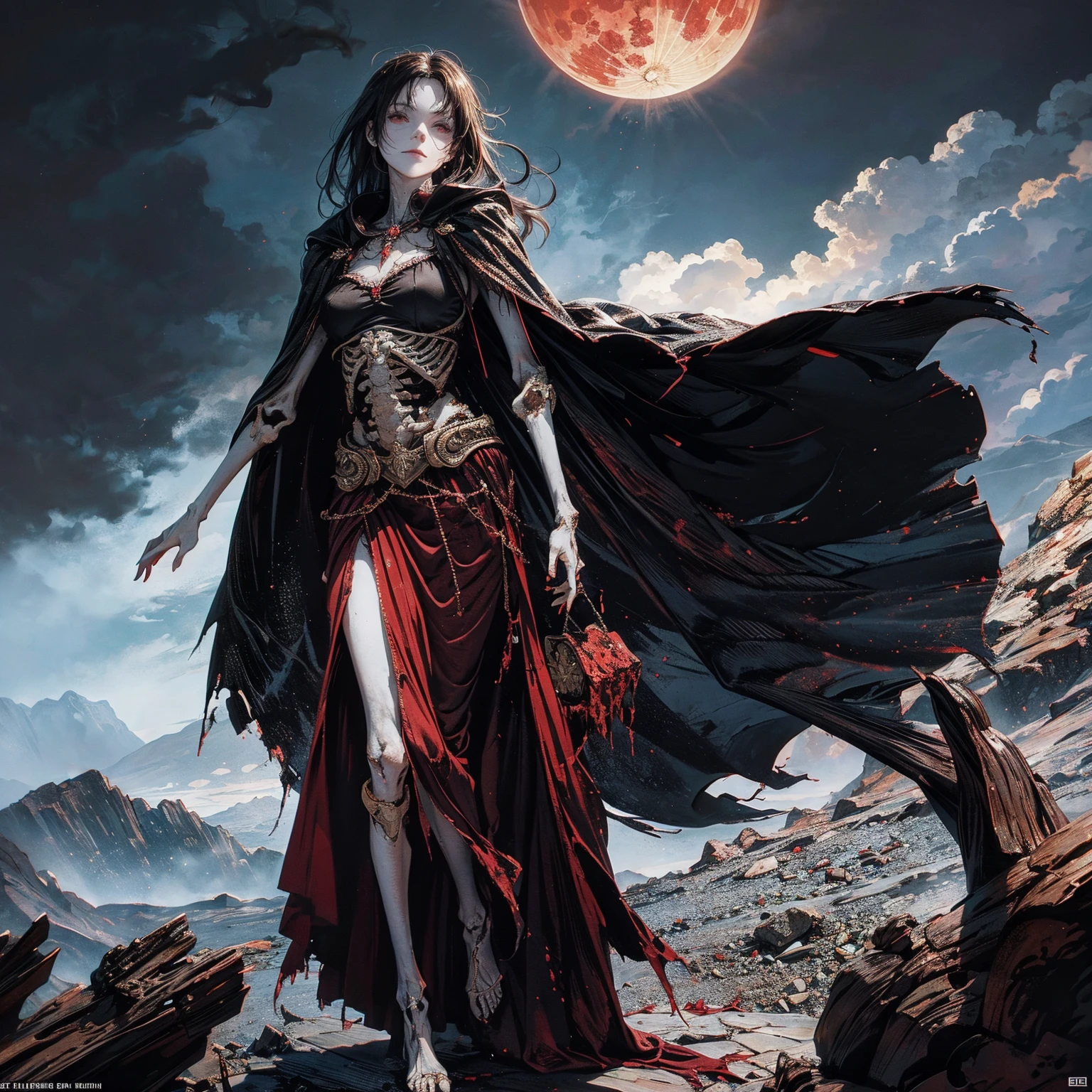 full-body shot, wide-angle lens, best quality, 4K, high resolution, masterpiece, Very detailed, Mood lighting, An undead girl in a long cape, Whole body including hands & arms & legs & feet are all skeleton bones but except the head is still beautiful human face, Wearing a ragged gothic skirt, Aloofness emotion, Dangerous sneer, Beautiful but sad smile, Black Hair, Standing, Facing the camera, Crucified, Pitch black sky, Blood-red moon, strange atmosphere, Gothic style, Unforgettable beauty, Dramatic shadows, Ethereal Light, Mysterious atmosphere