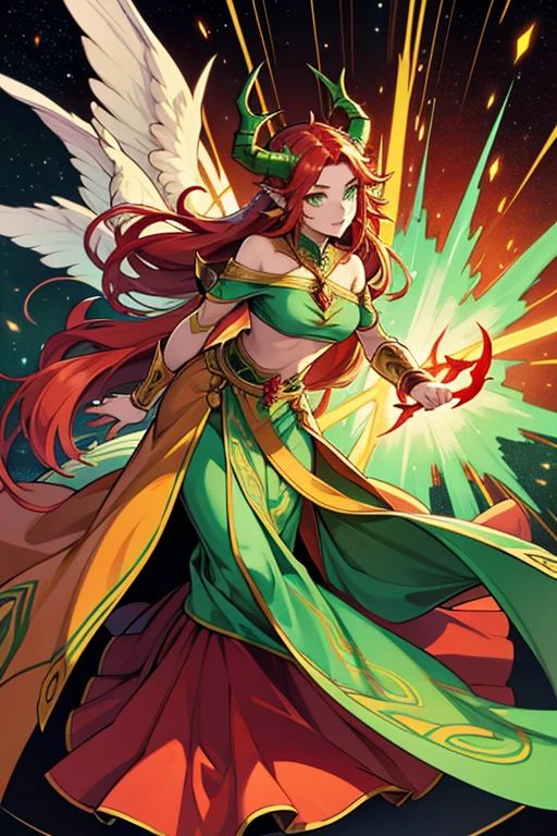 guardian dragon woman, priestess of fire who controls and creates stars, clothes with lots of hanging veils and lots of fabric, with green eyes, red and green horns, his long red hair with green tips or roots with moths in his full body hair and large dragon wings. and another pair of angel wings
