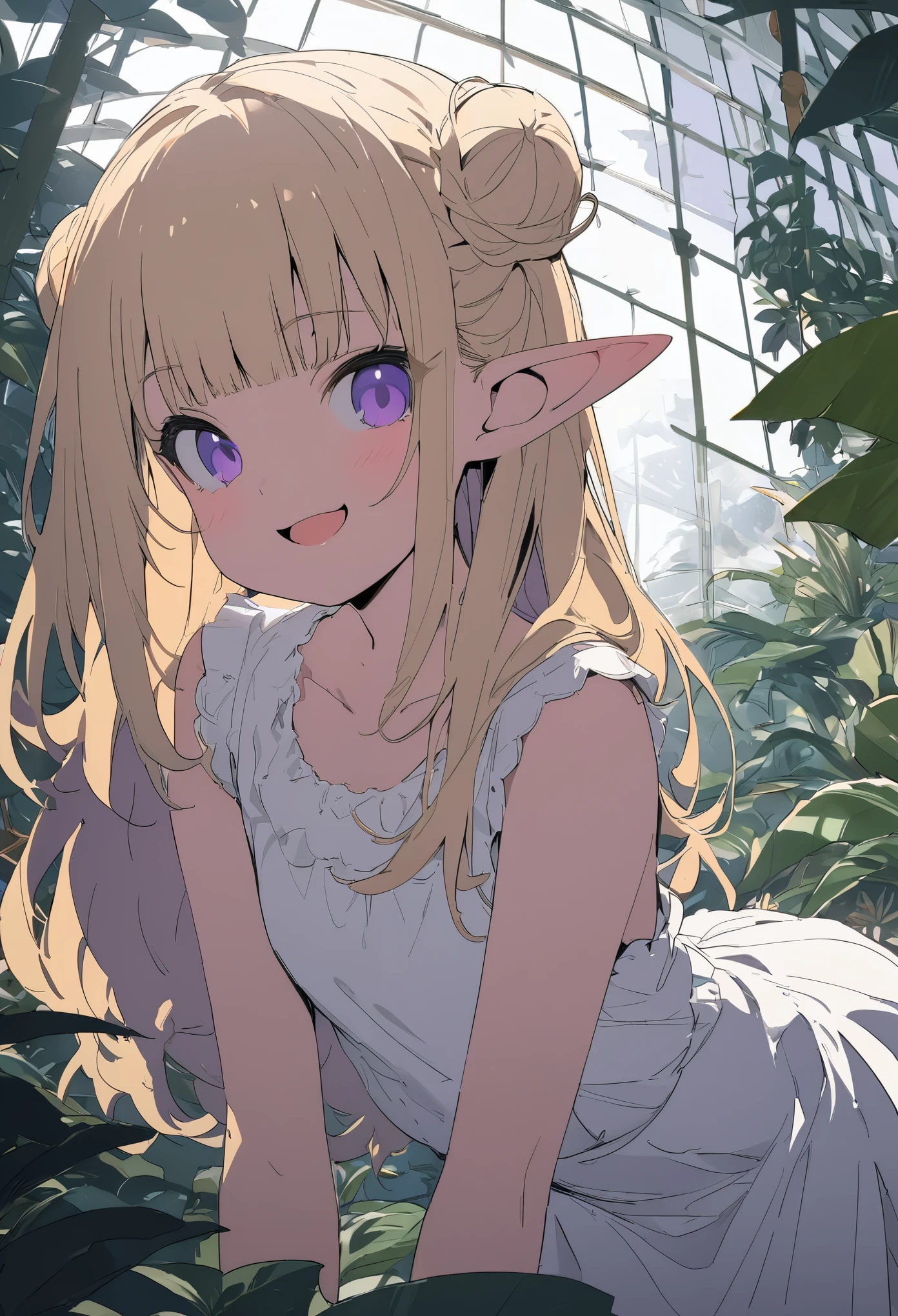 ((Masterpiece)), ((best quality)), ((kawaii)), (flat color), (flat shading), ((extremely detailed)), (8K), (High Definition:1.3), (Professional Photography:1.2), cinematic lighting, (very aesthetic:1.2), (absurdres:1.2), (sharp focus), (perfect light), (wide shot), wide shot, (), (1girl), cute young girl, pudgy cheeks, (naughty smile), open mouth, (Beautiful purple eyes:1.3), (Glossy skin), ((elf girl)), (Gold Embroidered Tribal black tubetop)), strapless, (small chest), cute navel, Beautiful collarbone, (Healthy slender body), slim body, (loose blunt bangs), unruly hair, ((side bun)), ((beautiful blond hair)), (put on noble head wreath), BREAK, ((best quality)), (princess pose), (on the tropical giant greenhouse), (sharp focus), (perfect light),