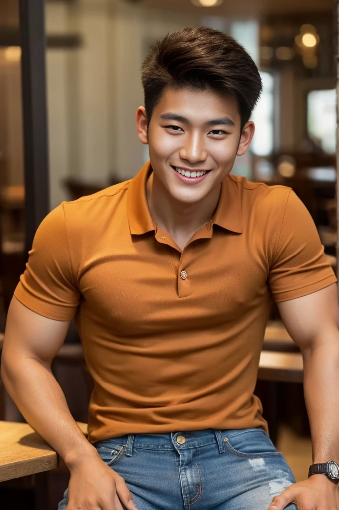 ((realistic daylight)) , Young Korean man in only a brown polo shirt, no stripes, and jeans., A handsome, muscular young Asian man looks at the camera.  , in the restaurant ,turn sideways, smile