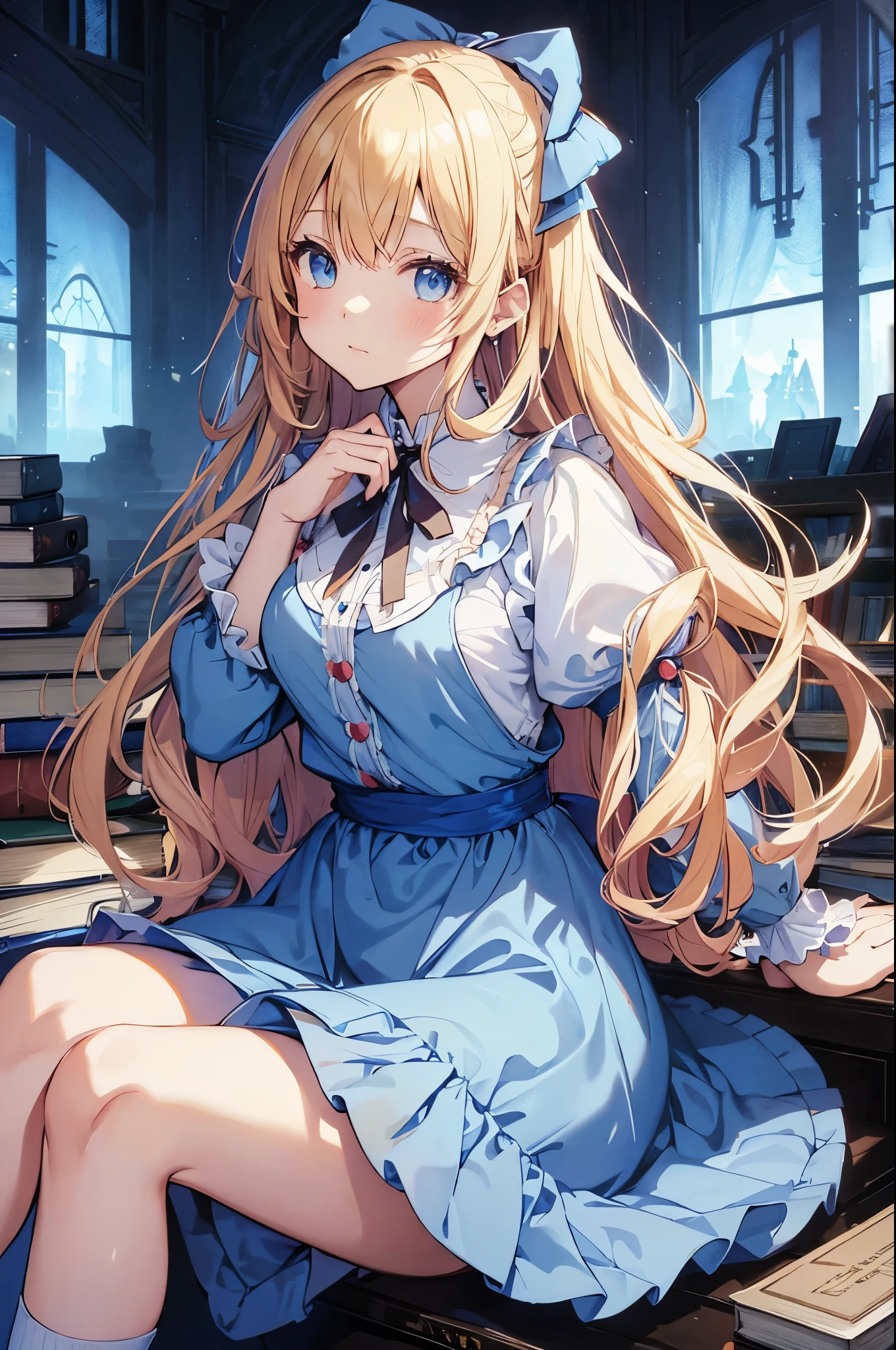 Anime girl in a blue dress sitting on a pile of books　(Official Art、Highest quality、unity 8k wallpaper、32K、masterpiece、Very detailed、Ultra-high resolution)、Fantasy、((Alice in Wonderland))、blonde、Tie your hair with a ribbon、Blue colored eyes、Blue Apron Dress、White socks、