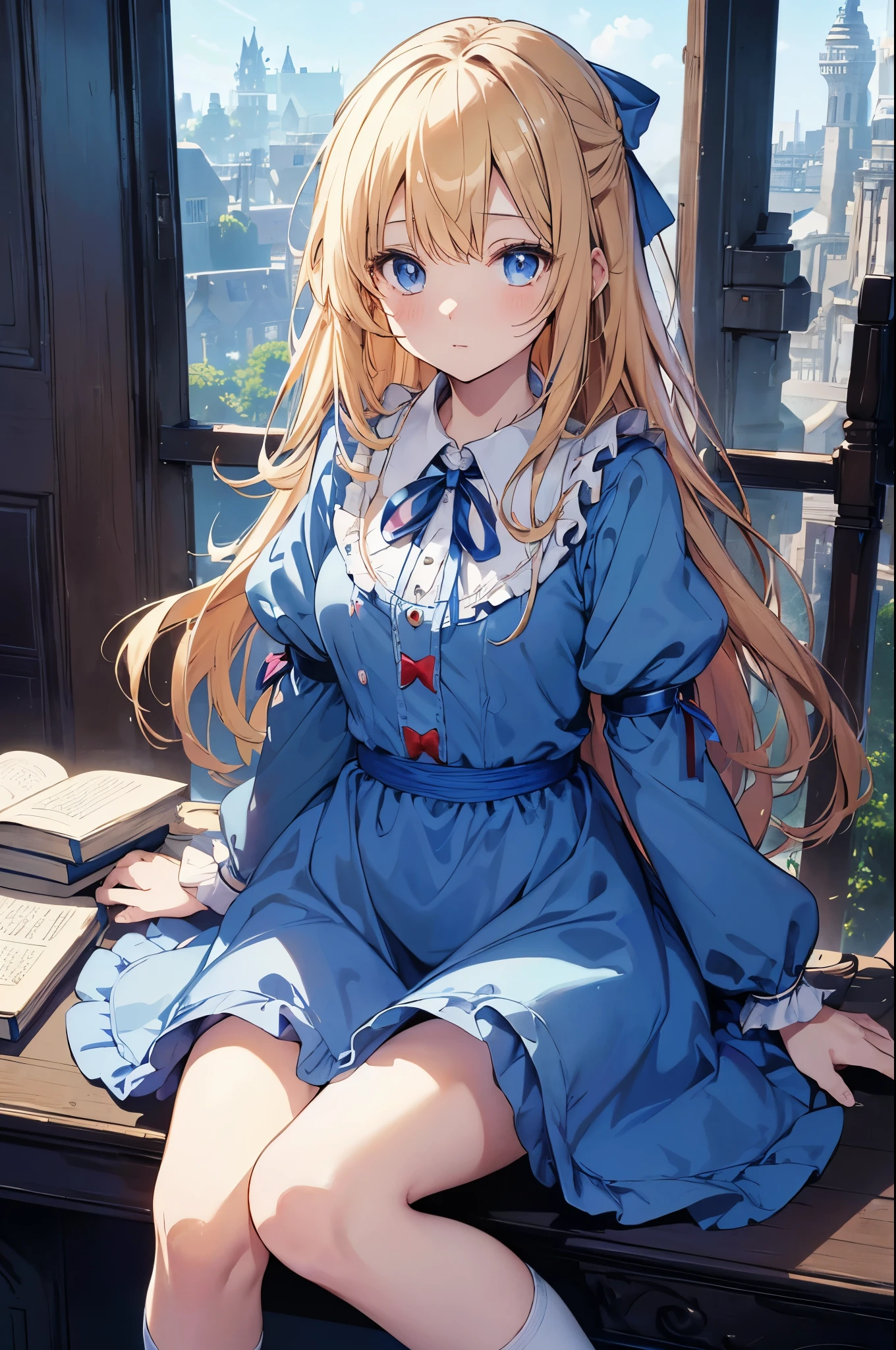 Anime girl in a blue dress sitting on a pile of books (Official Art、Highest quality、unity 8k wallpaper、32K、masterpiece、Very detailed、Ultra-high resolution)、Fantasy、((Alice in Wonderland))、blonde、Tie your hair with a ribbon、Blue colored eyes、Blue Apron Dress、White socks、