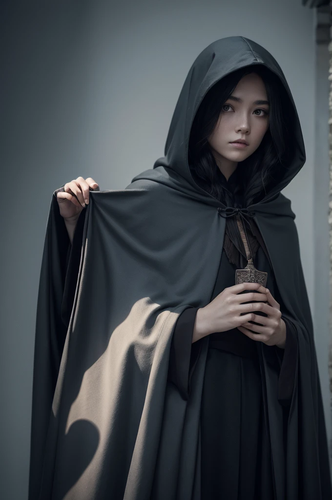 Spirit with mysterious cloak, hooded cloak, holding an epée, Dark Fantasy
