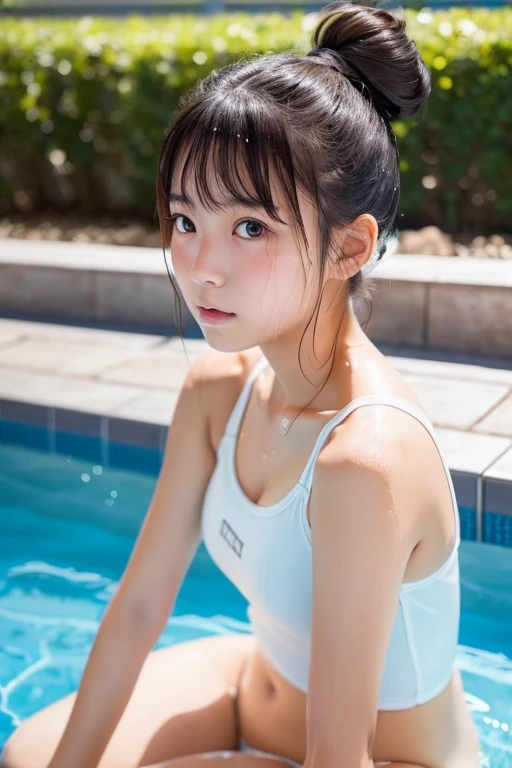 Japanese high school girl, , cute bun hairstyle。
A girl sits by the pool in a school swimsuit。
He let out a hot sigh and looked up at me.。Dripping Sweat。
Wet Hair